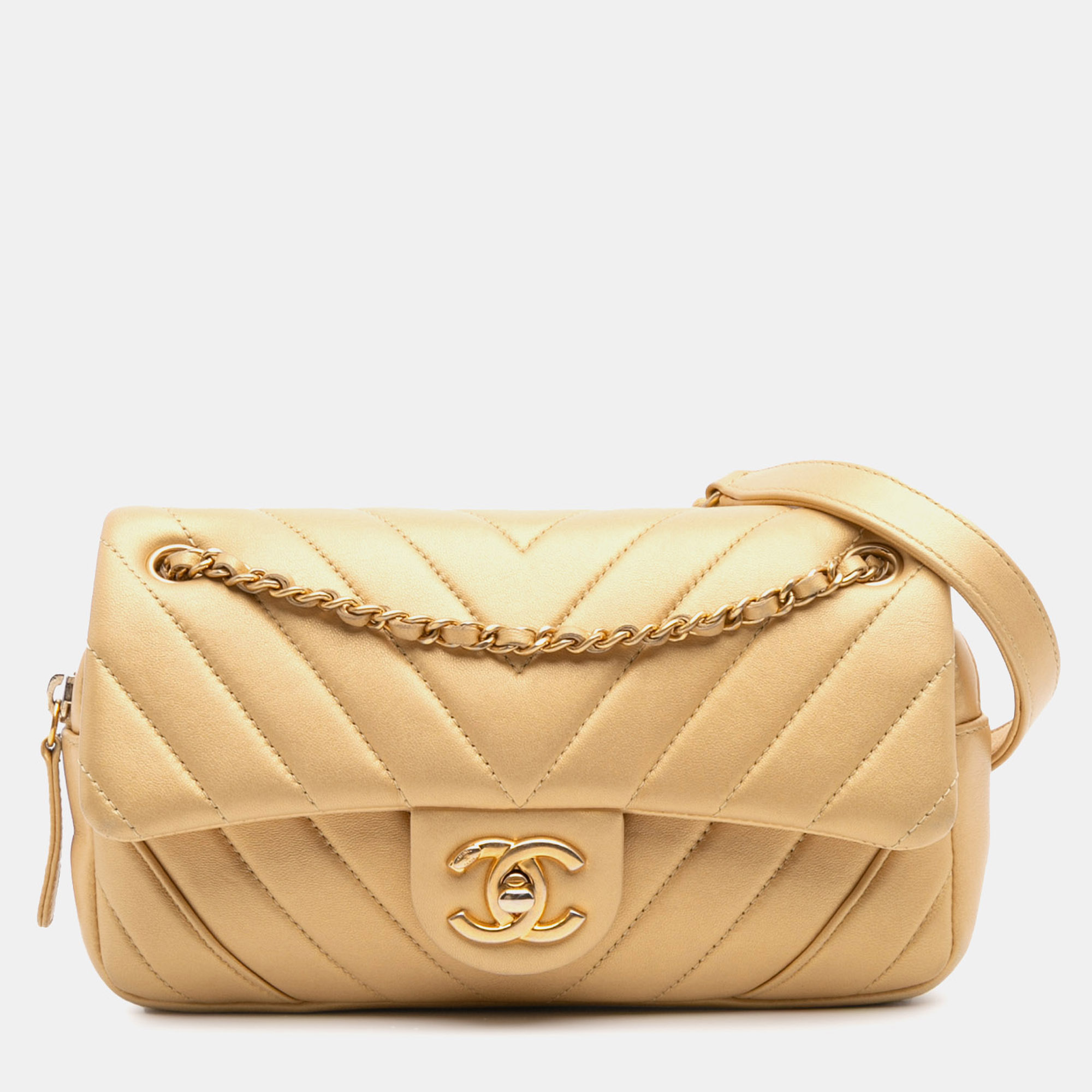 

Chanel Gold Mini Quilted Chevron Lambskin Camera Case Flap Bag