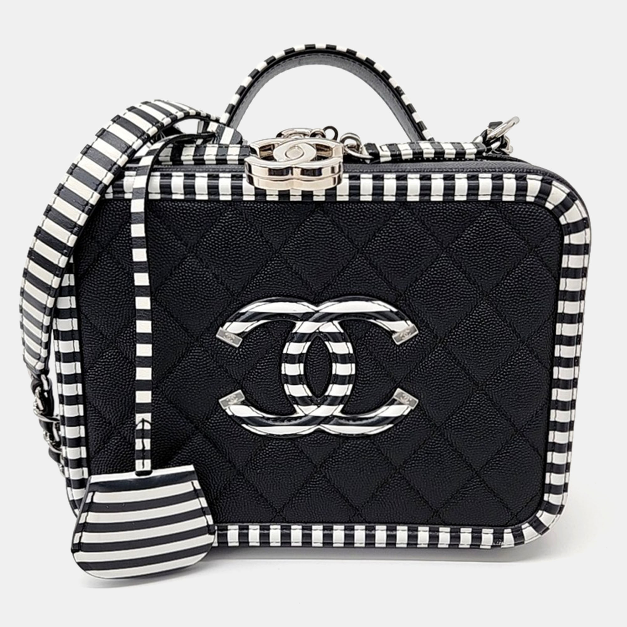 

Chanel Black White Leather Caviar Cosmetic Tote and Shoulder Bag