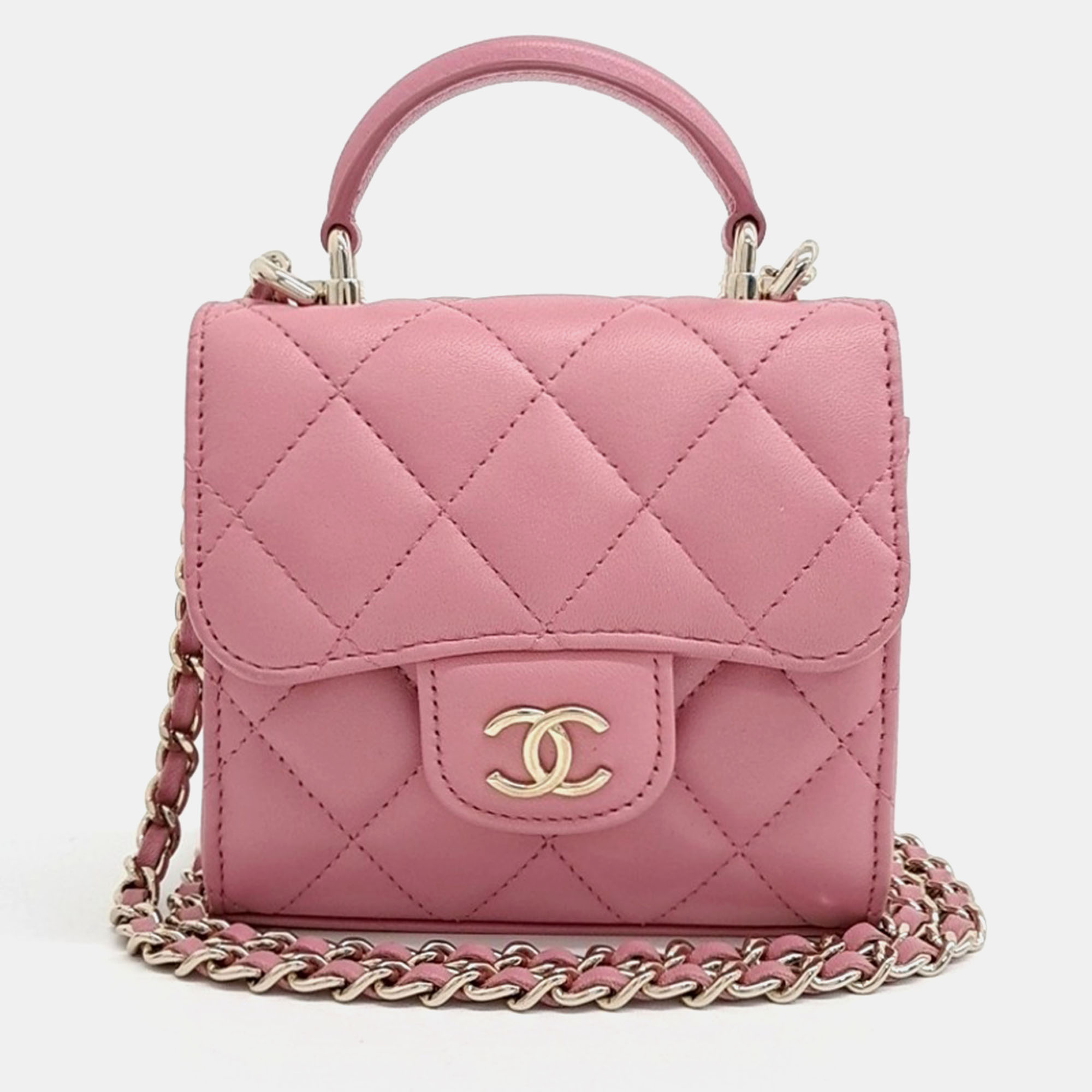 

Chanel Pink Leather Top Handle Mini Chain Crossbody Bag
