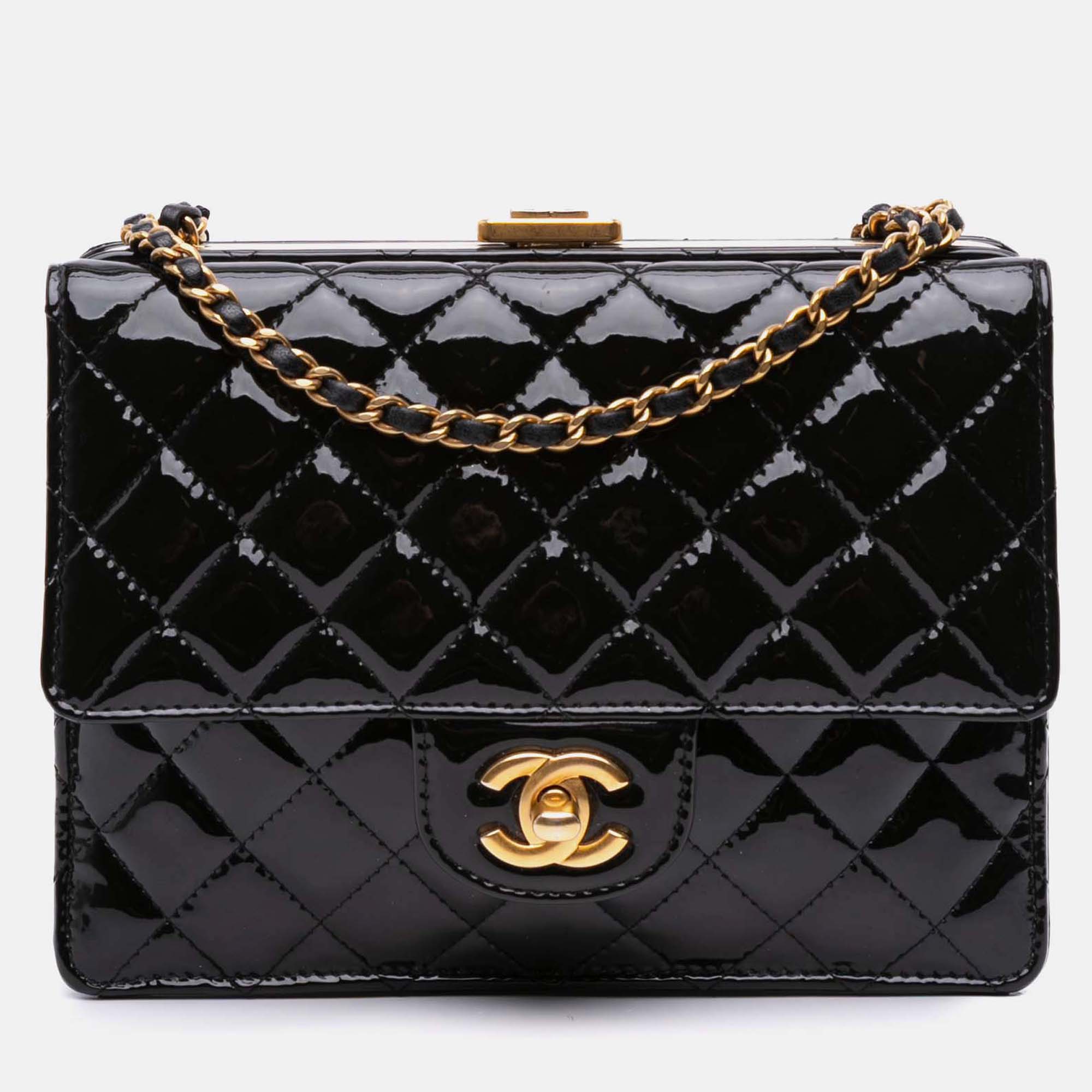 Pre-owned Chanel Black Cc Quilted Patent Frame Flap