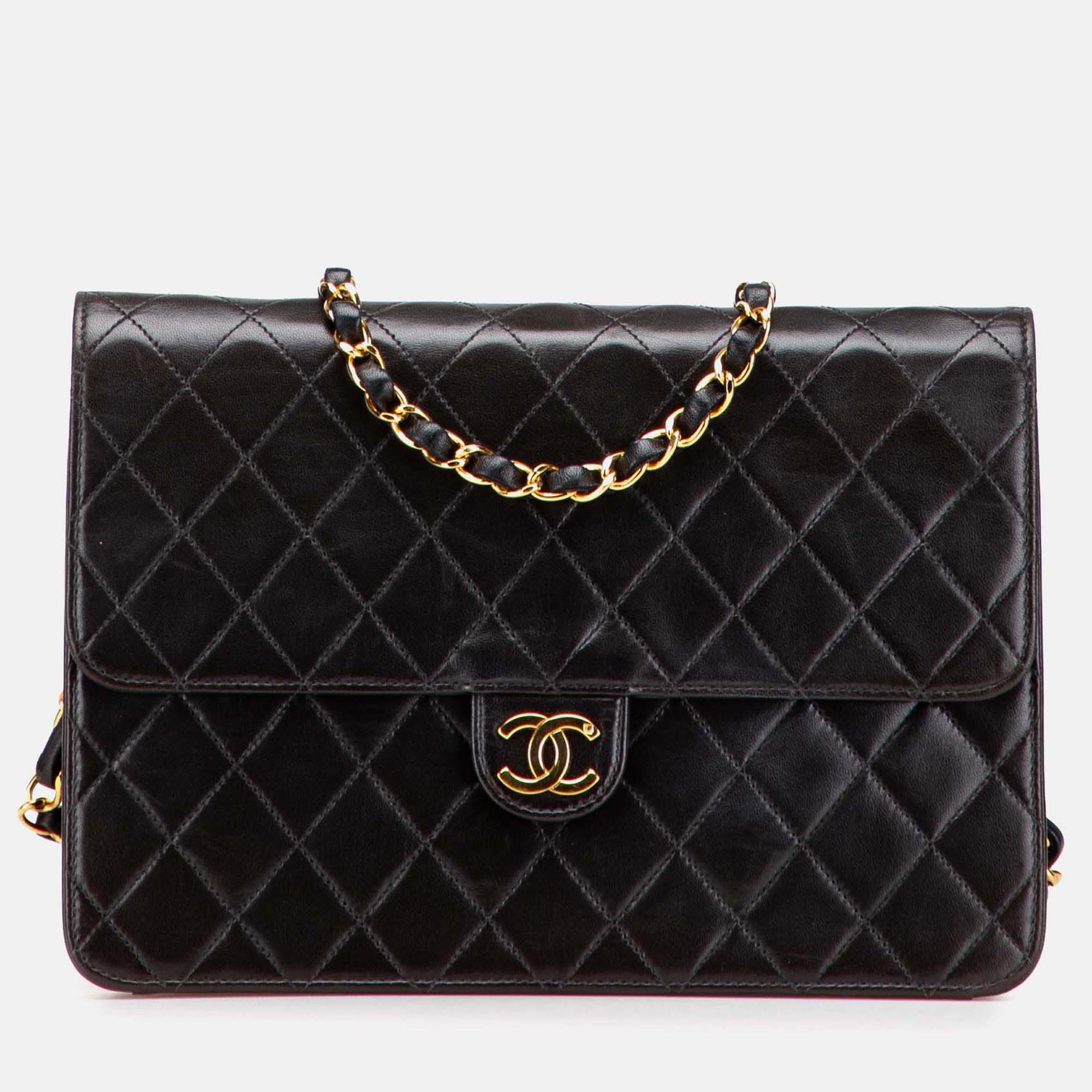 

Chanel Black Medium CC Quilted Lambskin Half Single Flap