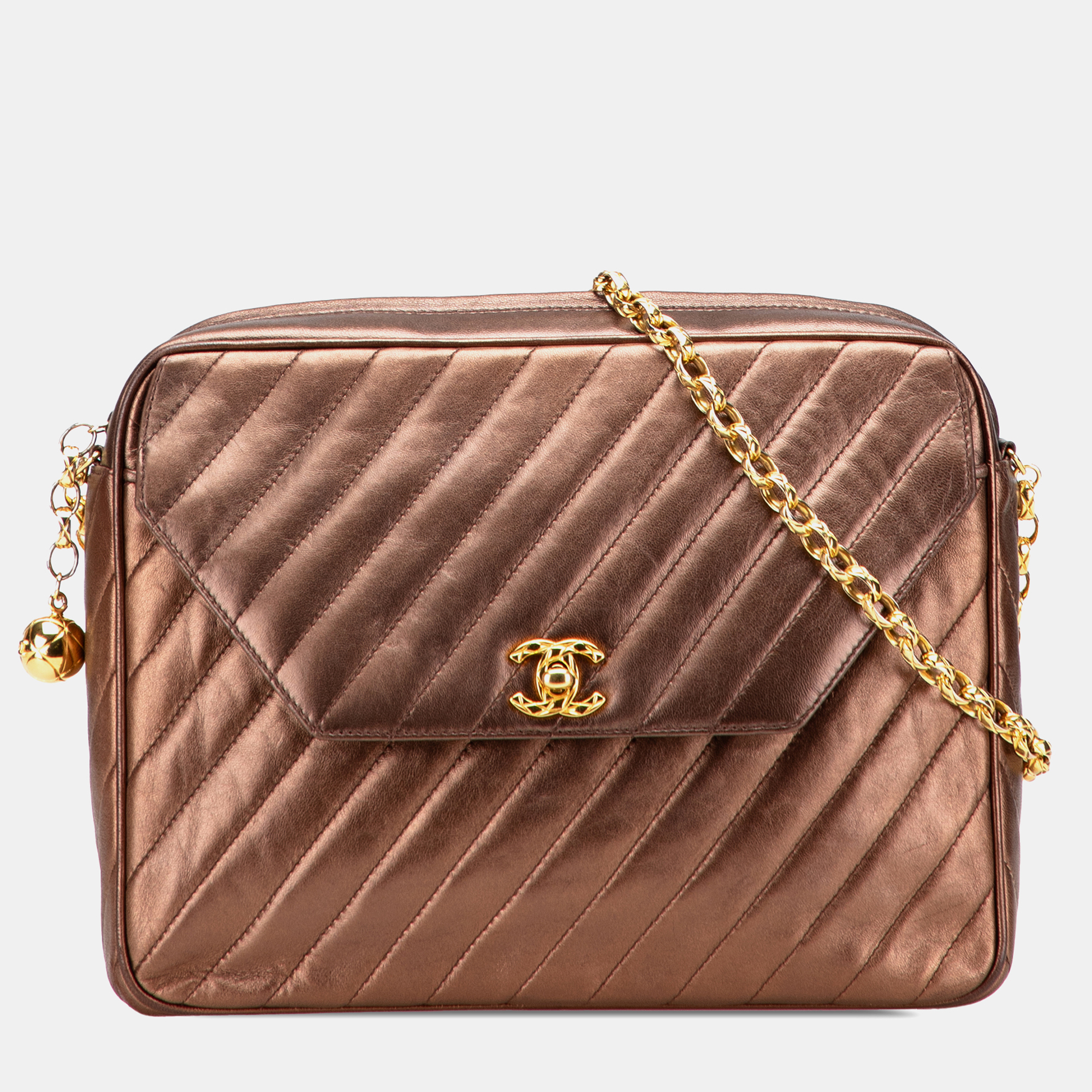 

Chanel Brown CC Diagonal Quilted Metallic Lambskin Camera Bag