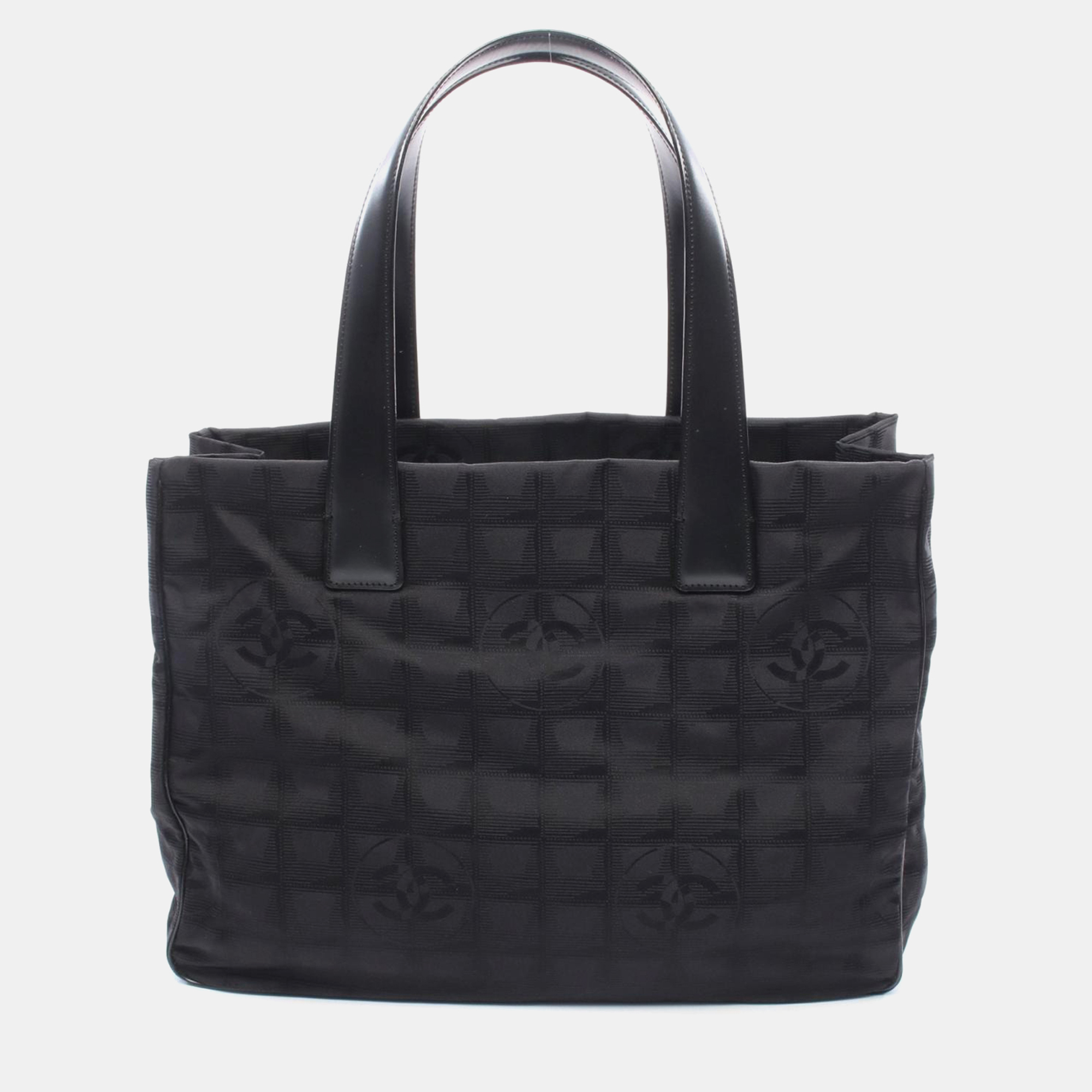 

Chanel New Travel Line MM Black Leather Nylon Canvas Tote Bag