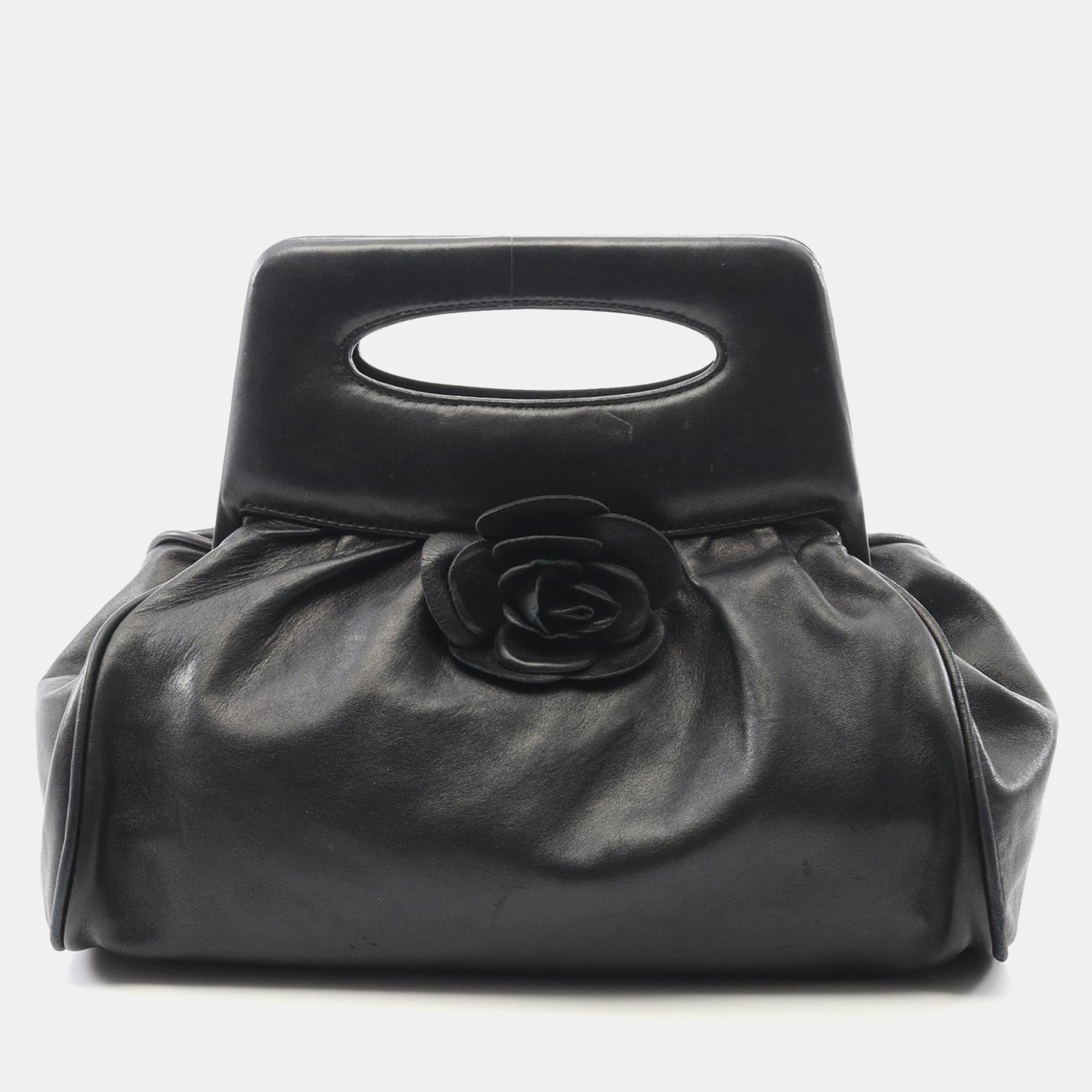 

Chanel Camelia Handbag Lambskin Sheep Leather Black Shw Cc Coco