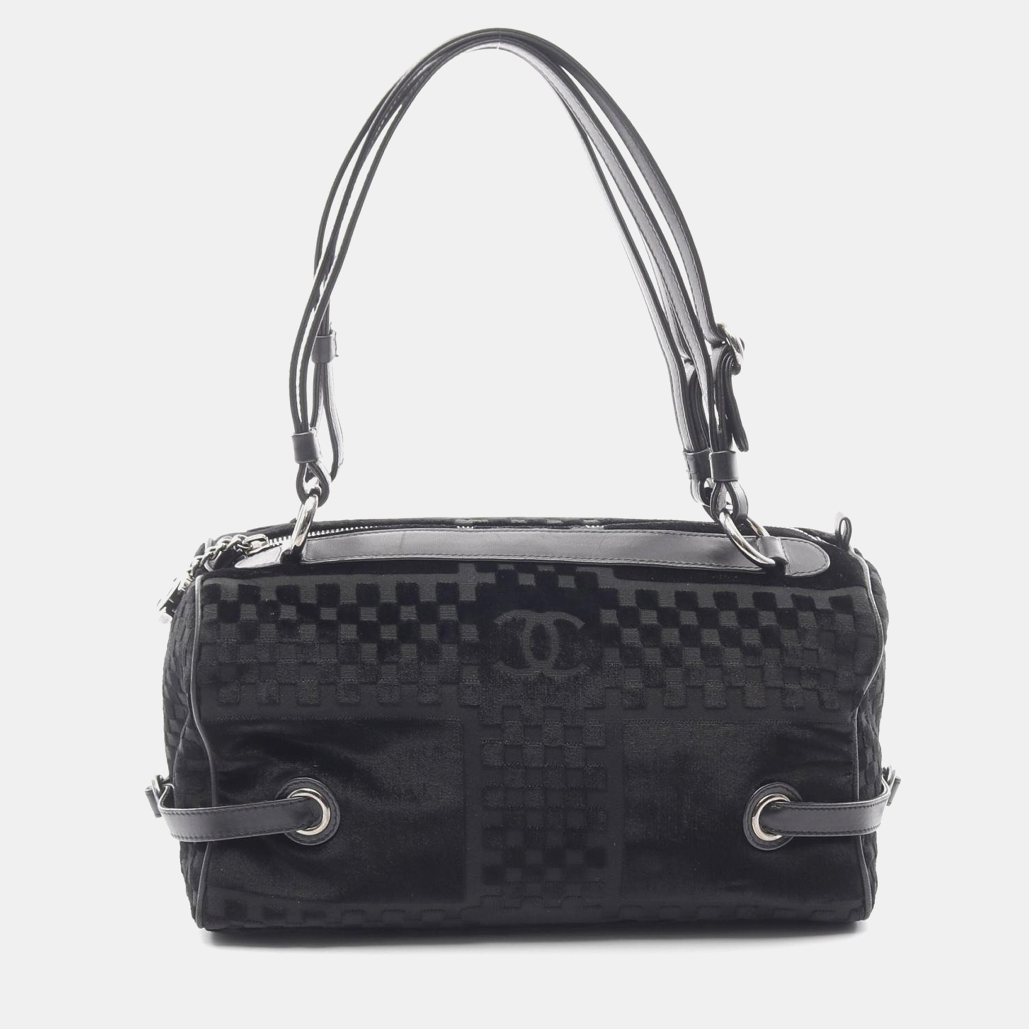

Chanel Cc Logo Shoulder Travel Bag Velvet Fabric Leather Black Shw
