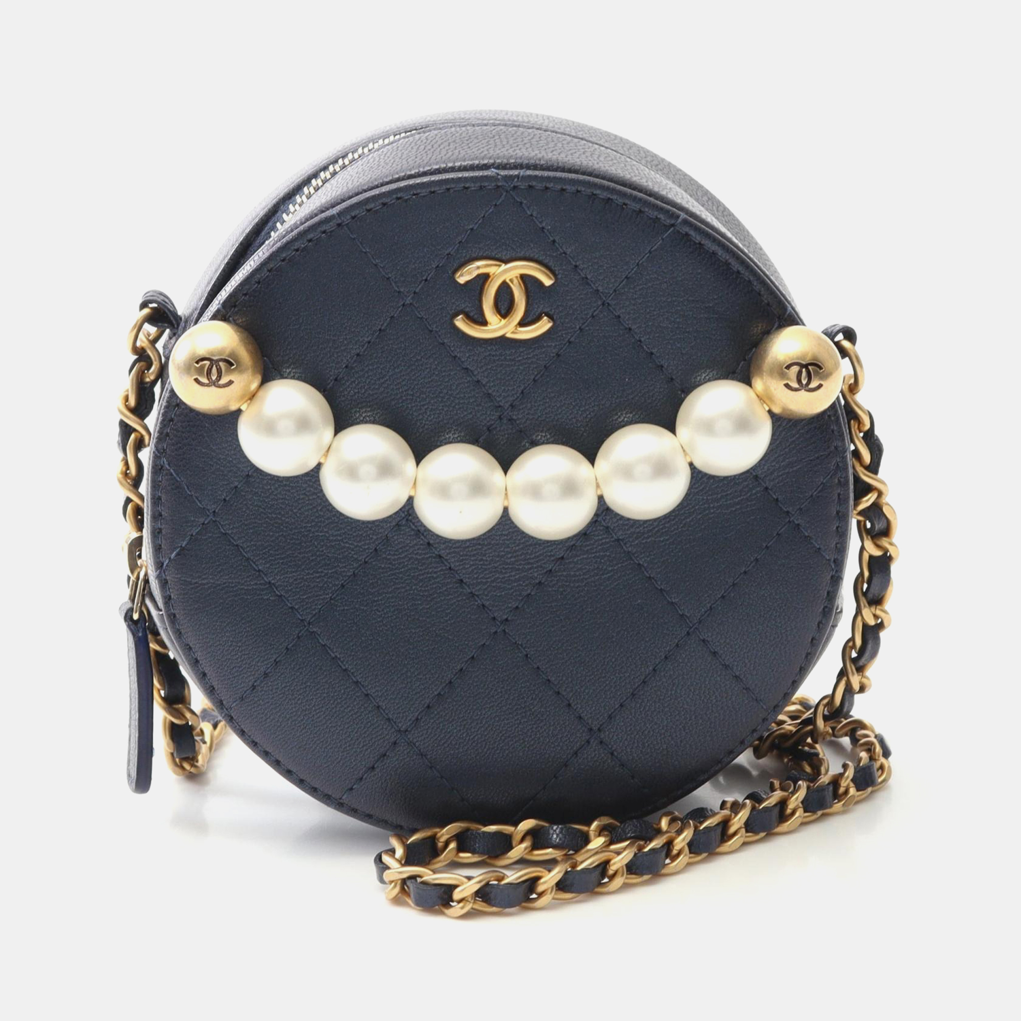 

Chanel Matelasse Round Mini Chain Shoulder Bag Lambskin Navy Ghw, Navy blue