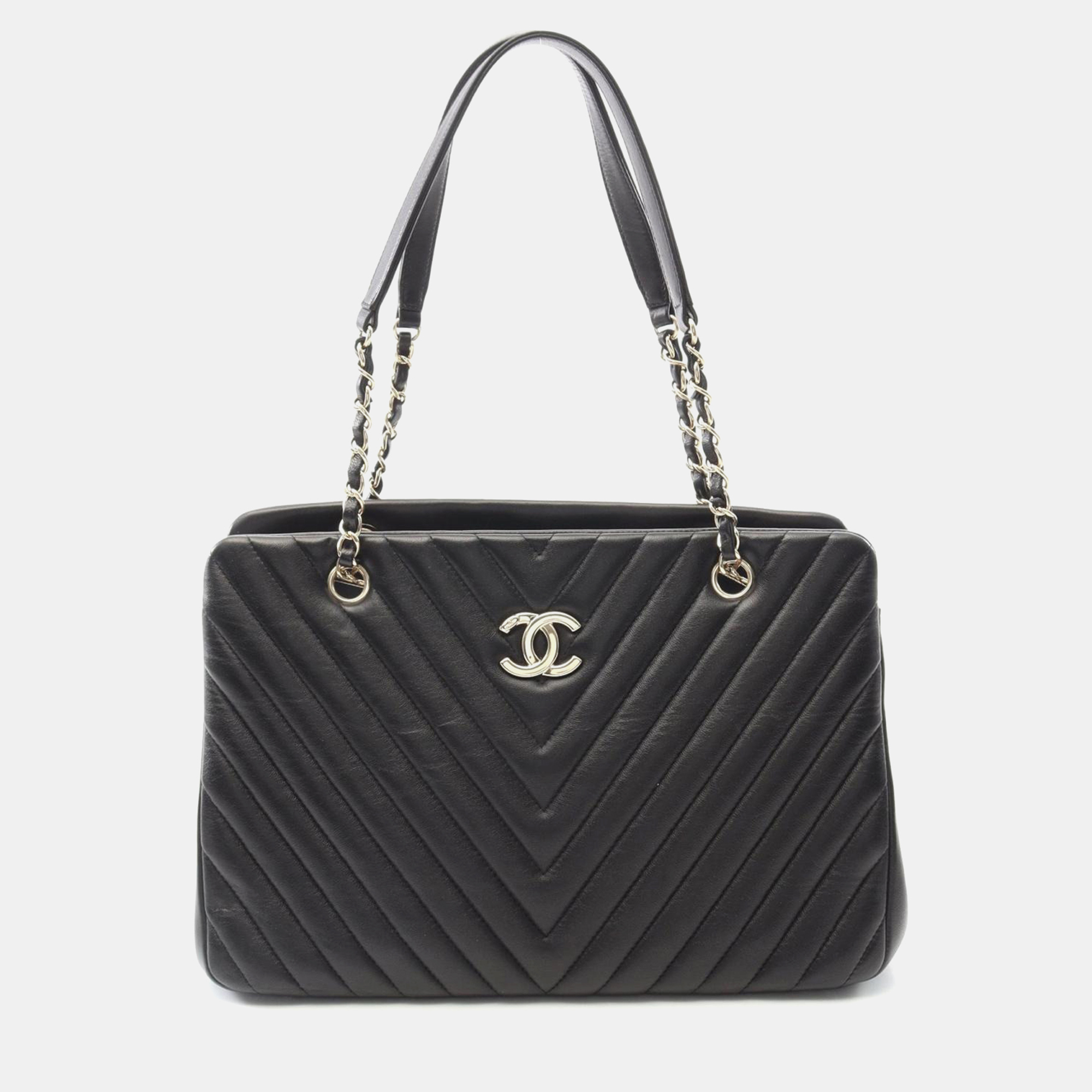 

Chanel V-Stitch Chevron Chain Shouldr Tote Bag Lambskin Black Shw