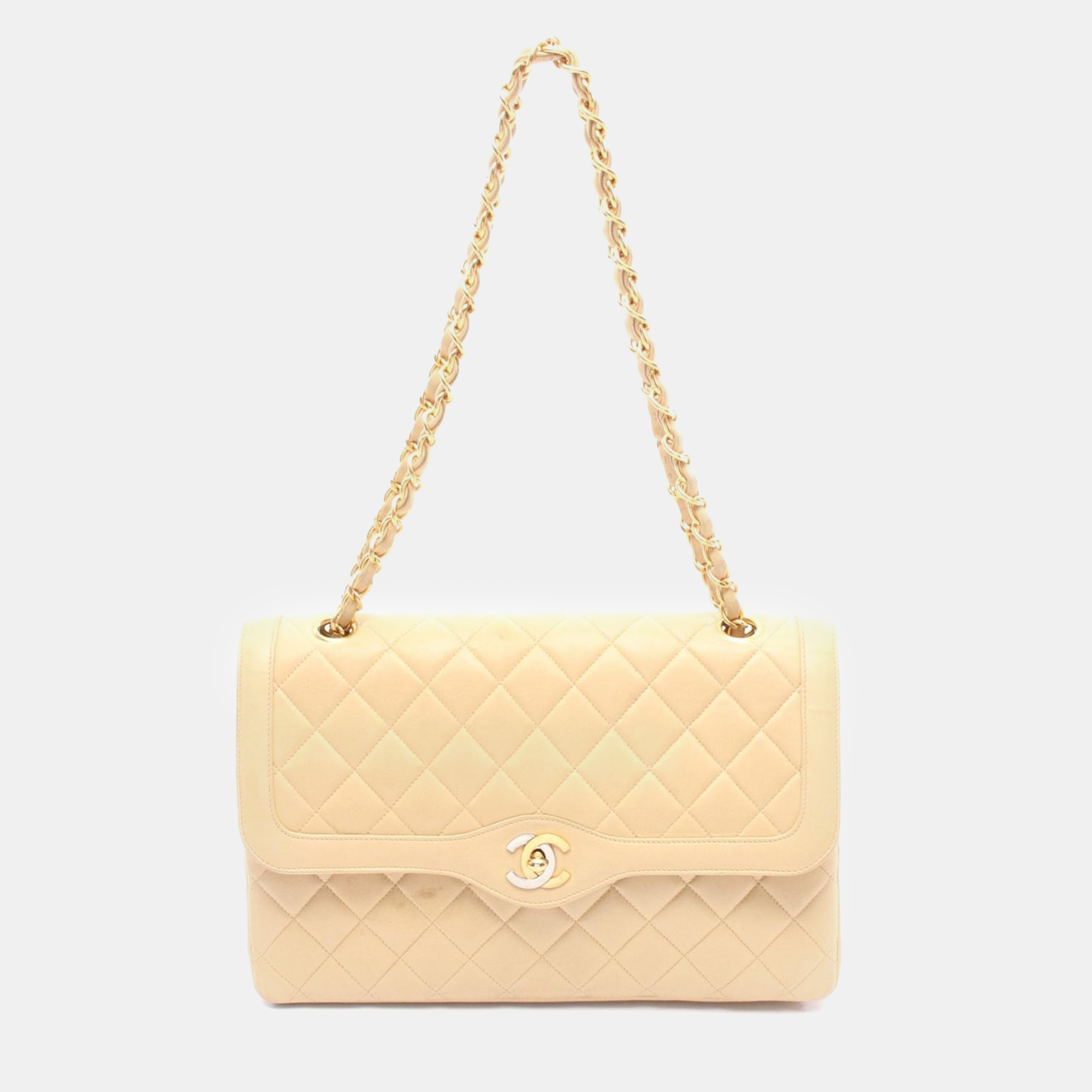 

Chanel Matelasse Paris Limited Double Flap Chain Shoulder Bag Lambskin Beige