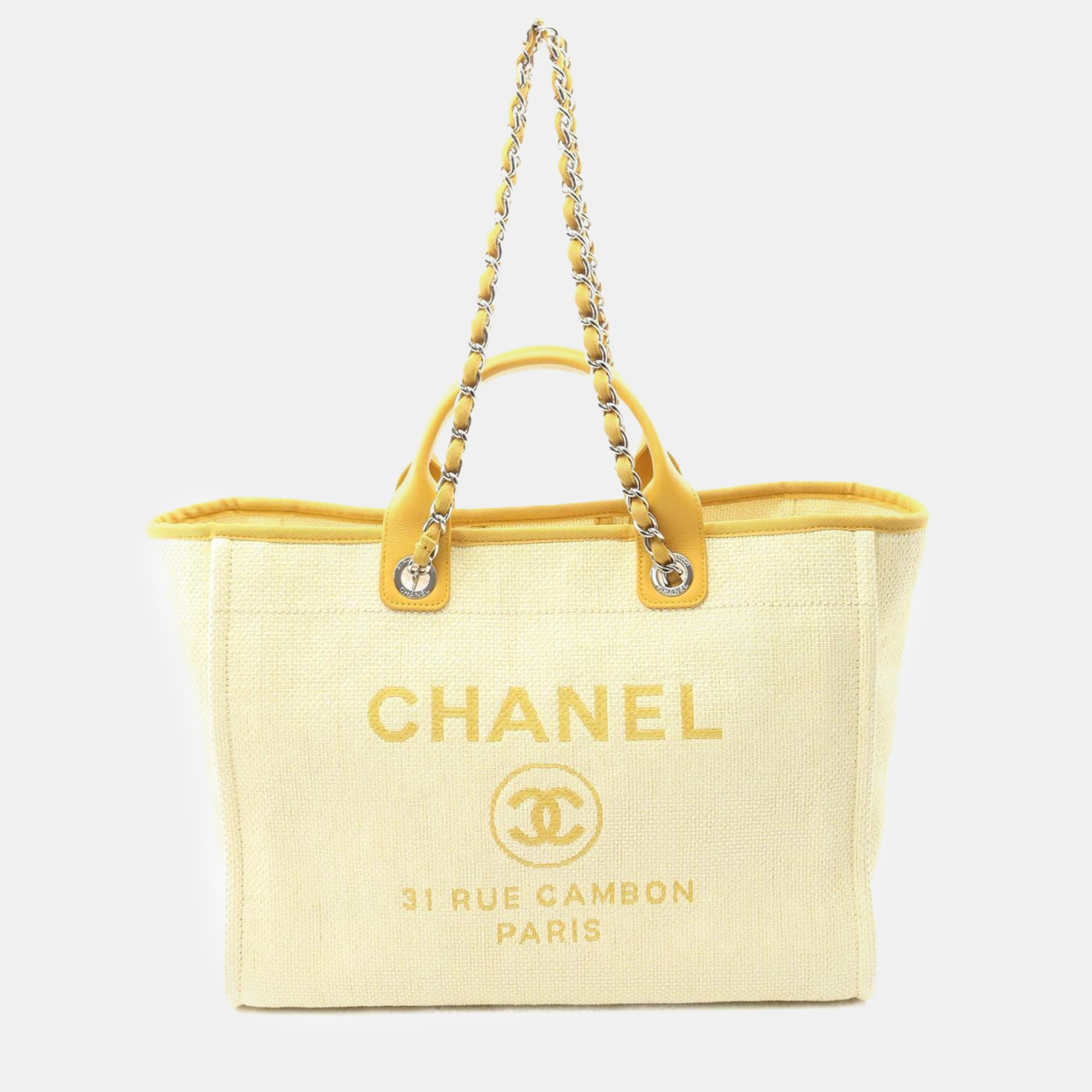 

Chanel Deauville Chain Shoulder Tote Bag Leather Raffia Beige Yellow
