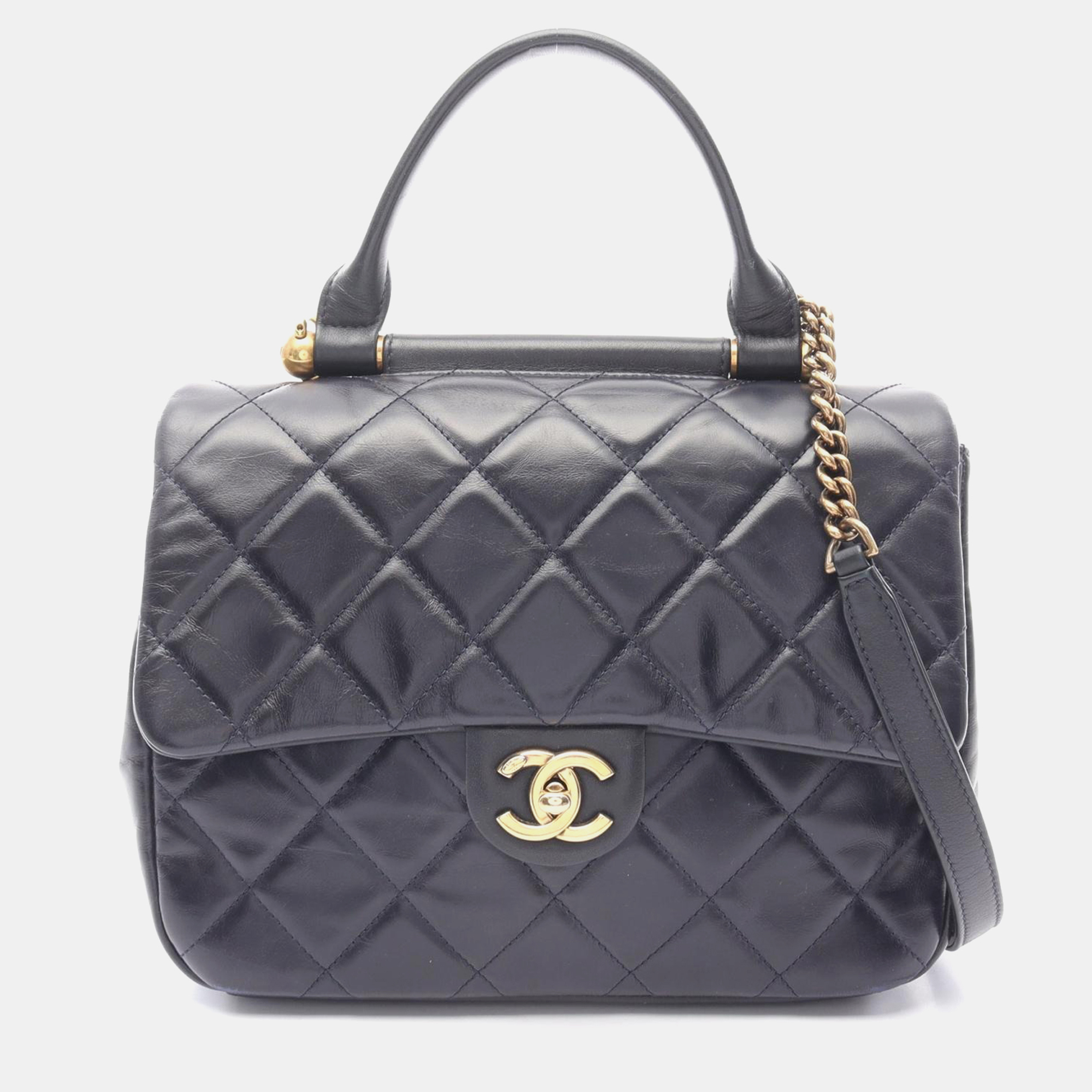 

Chanel Matelasse Top Handle Chain Shoulder Bag Lamb Sheep Leather Navy, Navy blue