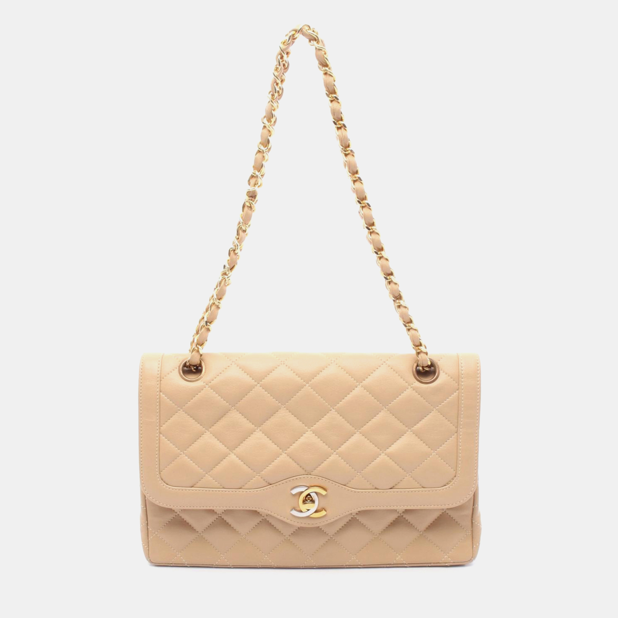 Pre-owned Chanel Matelasse Paris Limited Edition Double Flap Chain Shoulder Bag Lambskin In Sand