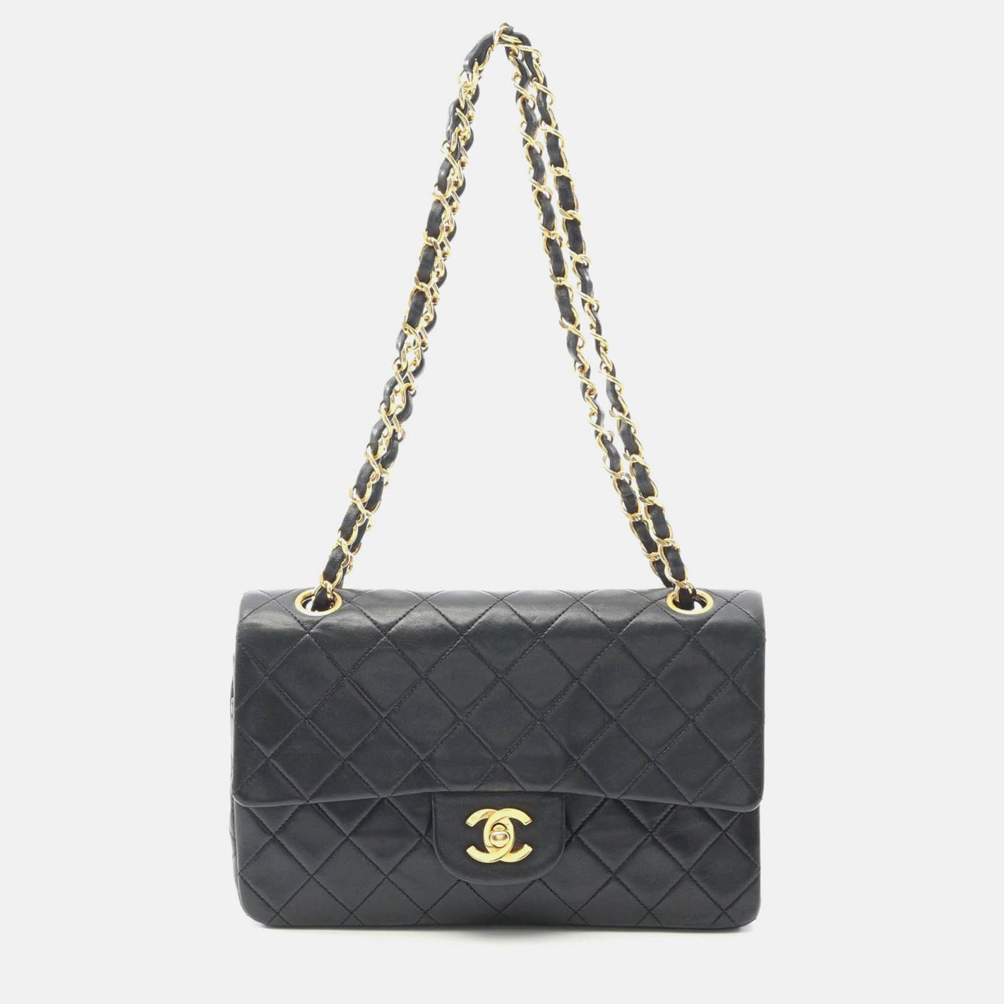 

Chanel Matelasse W Flap Chain Shoulder Bag Lamb Sheep Leather Black