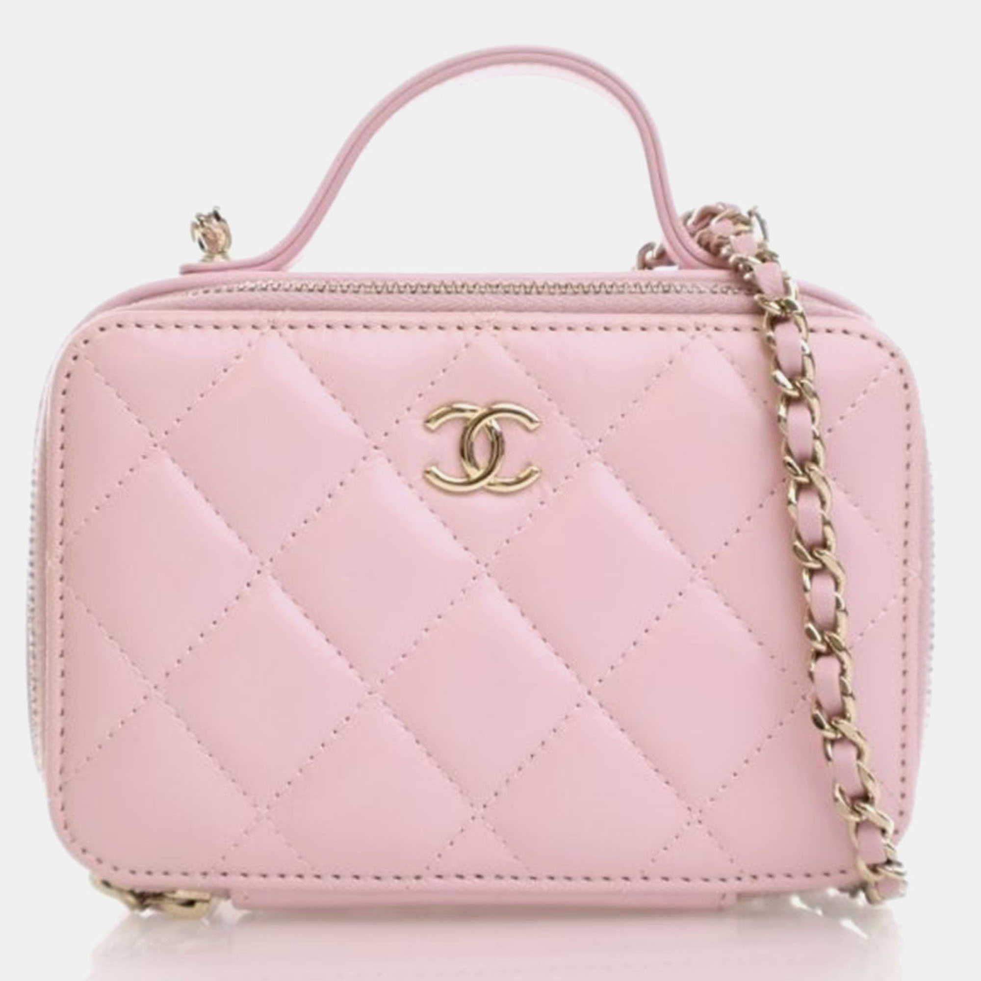 

Chanel Mini Pink Glazed Calfskin Double Zip CC Vanity Case