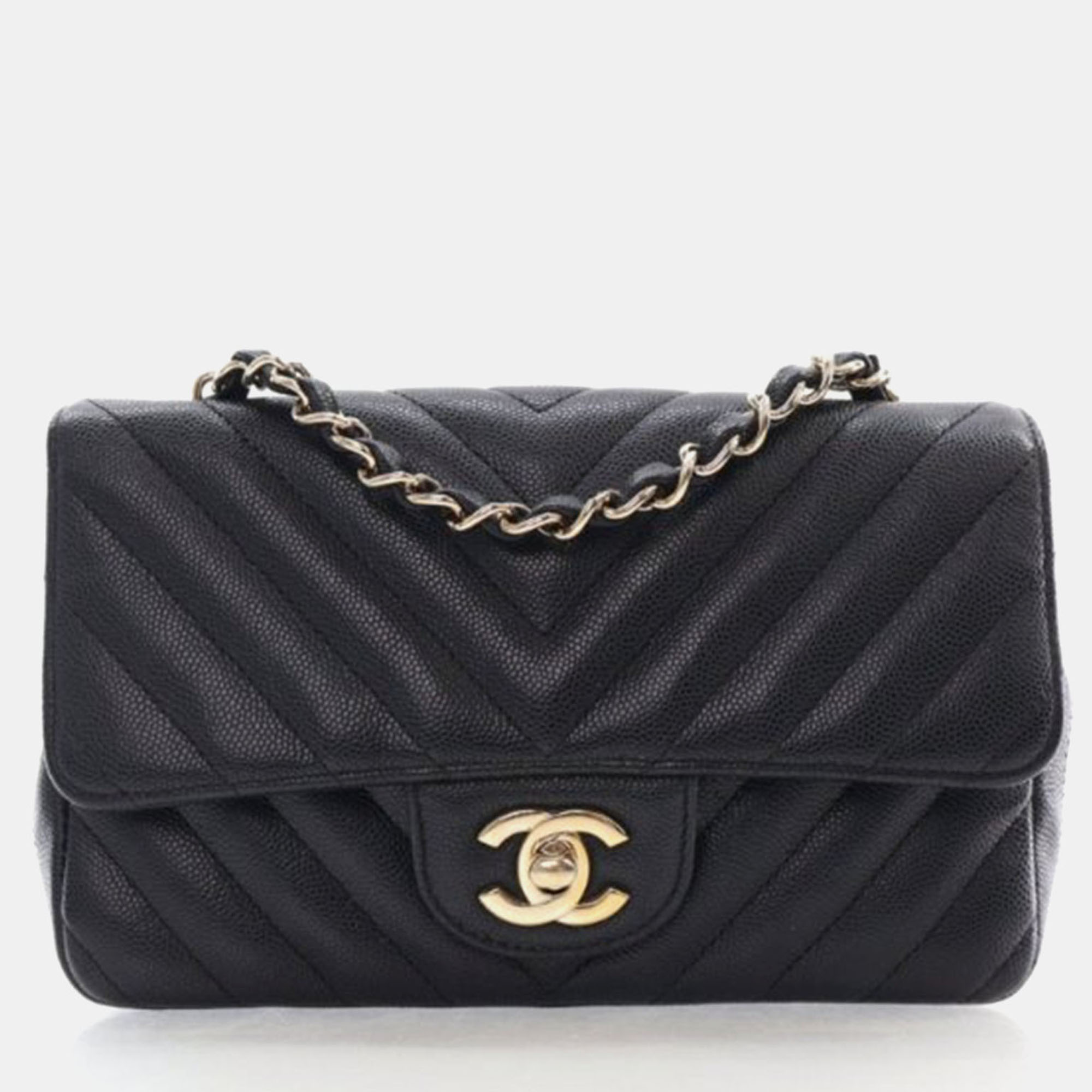 

Chanel Mini Black Caviar Chevron Rectangular Flap Bag