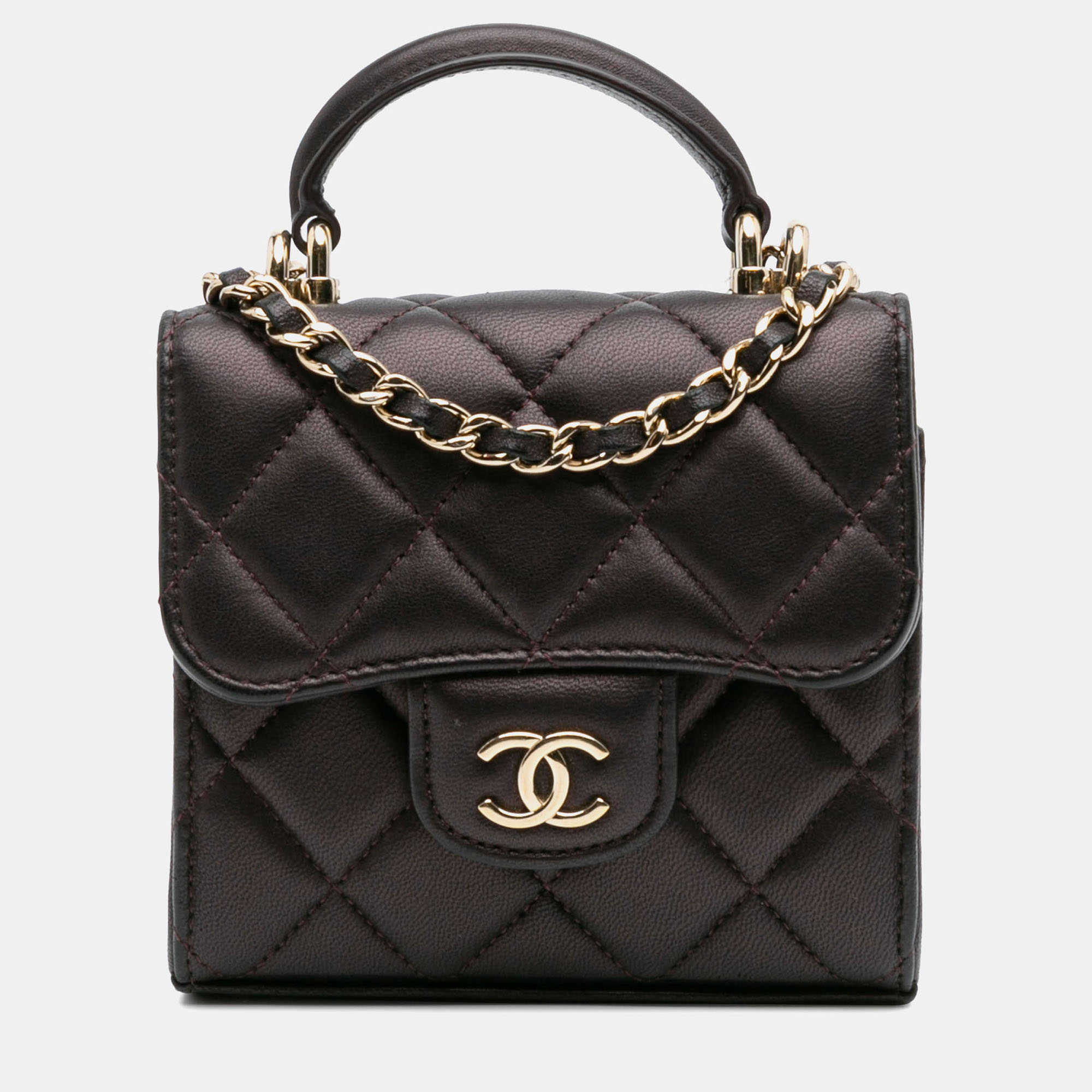 Pre-owned Chanel Red Cc Quilted Iridescent Lambskin Top Handle Flap Clutch With Chain