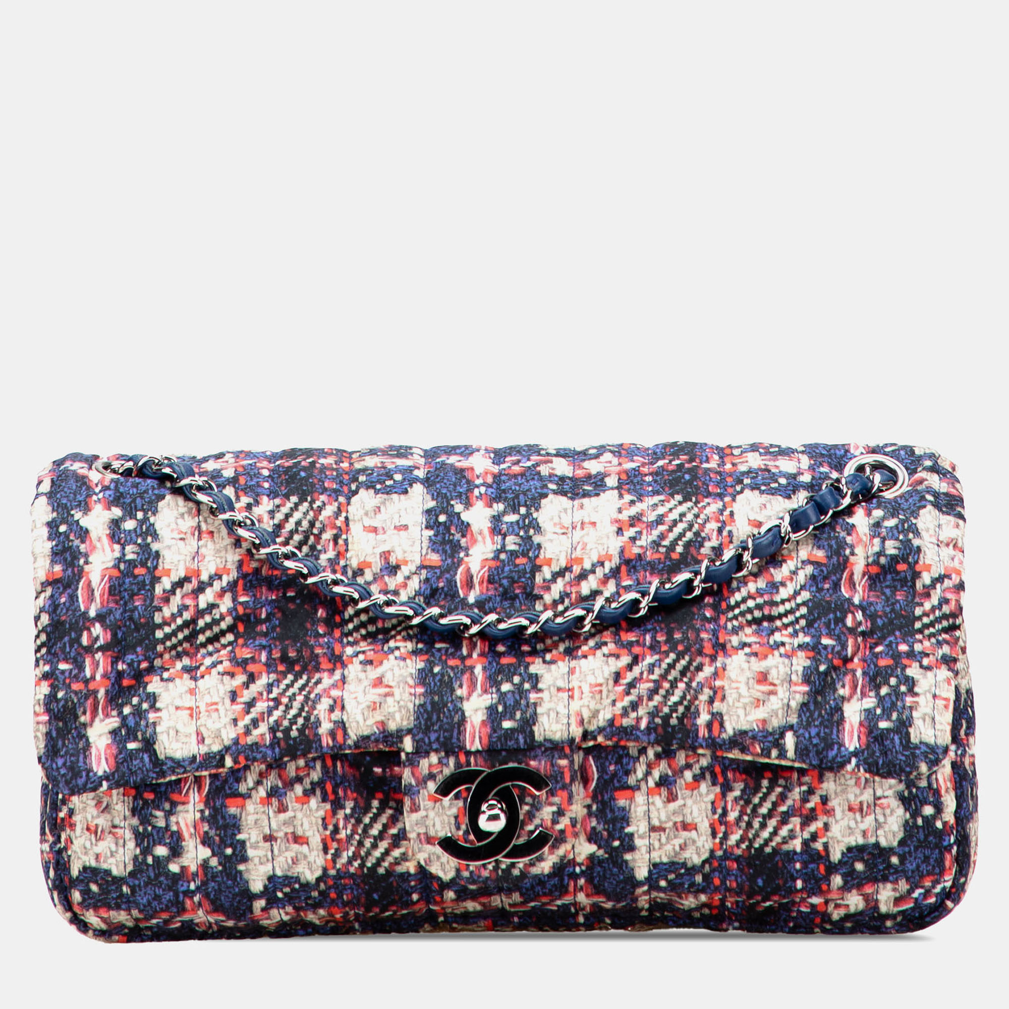 

Chanel Blue CC Nylon Tweed Print Single Flap