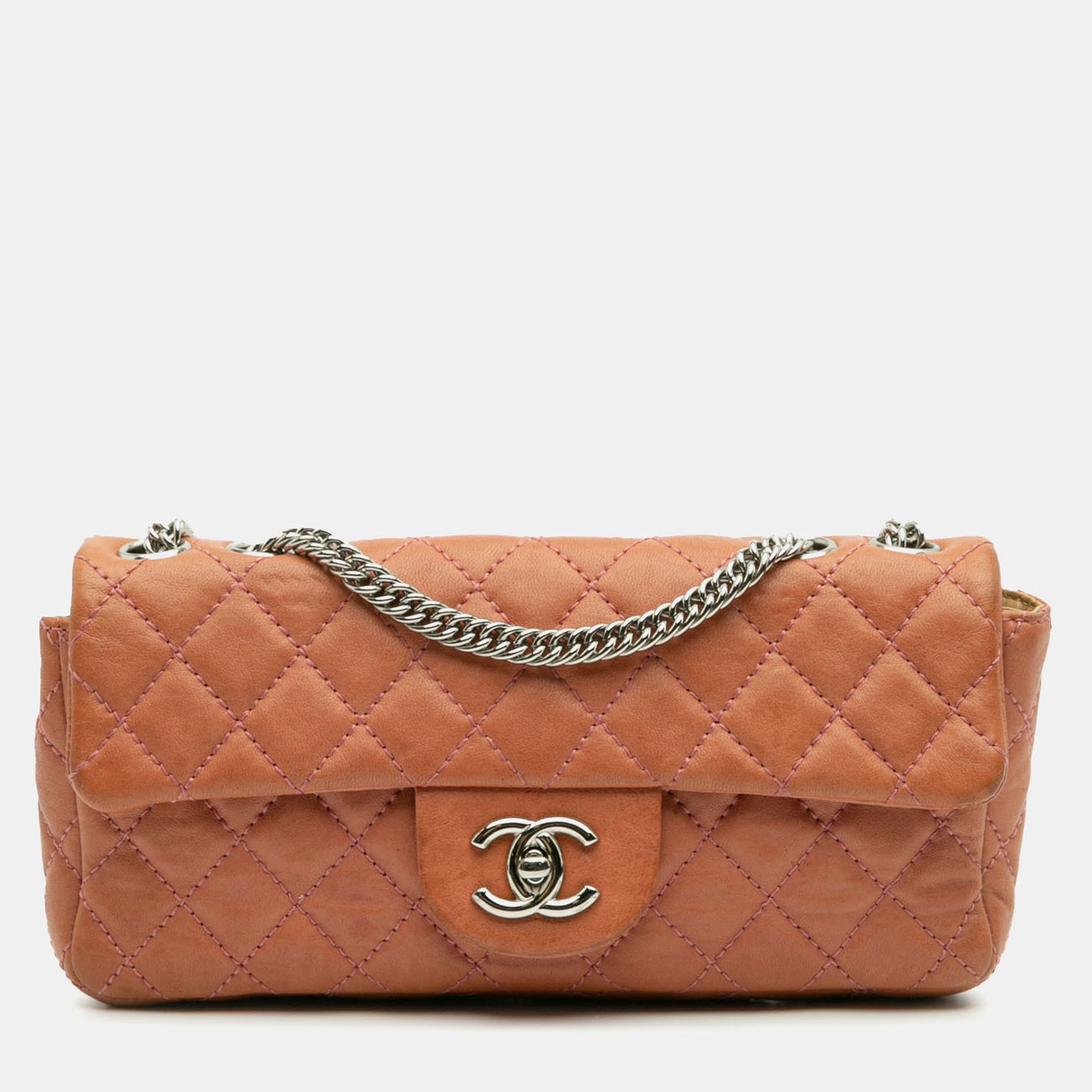 

Chanel Orange Classic Lambskin East West Single Flap