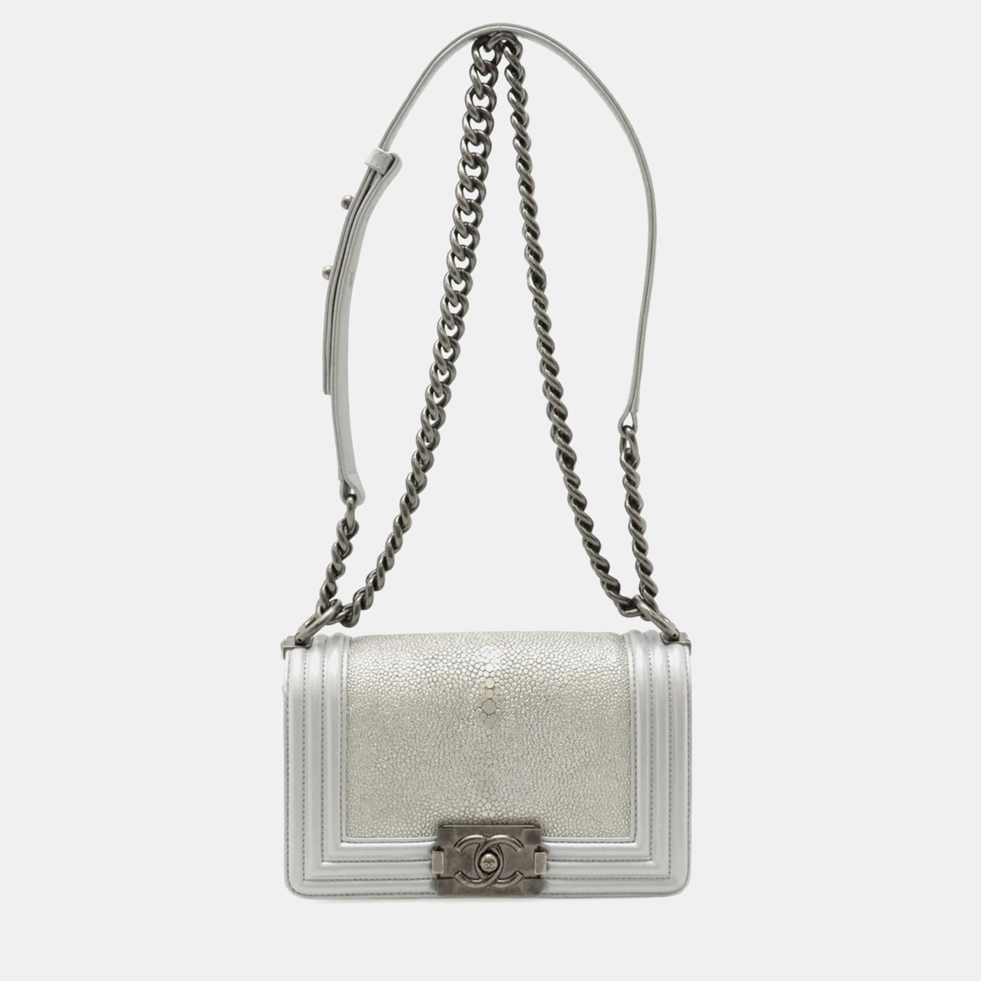 Pre-owned Chanel Coco Mark Chain Shoulder Bag Pochette Galuchat Metallic Leather Silver