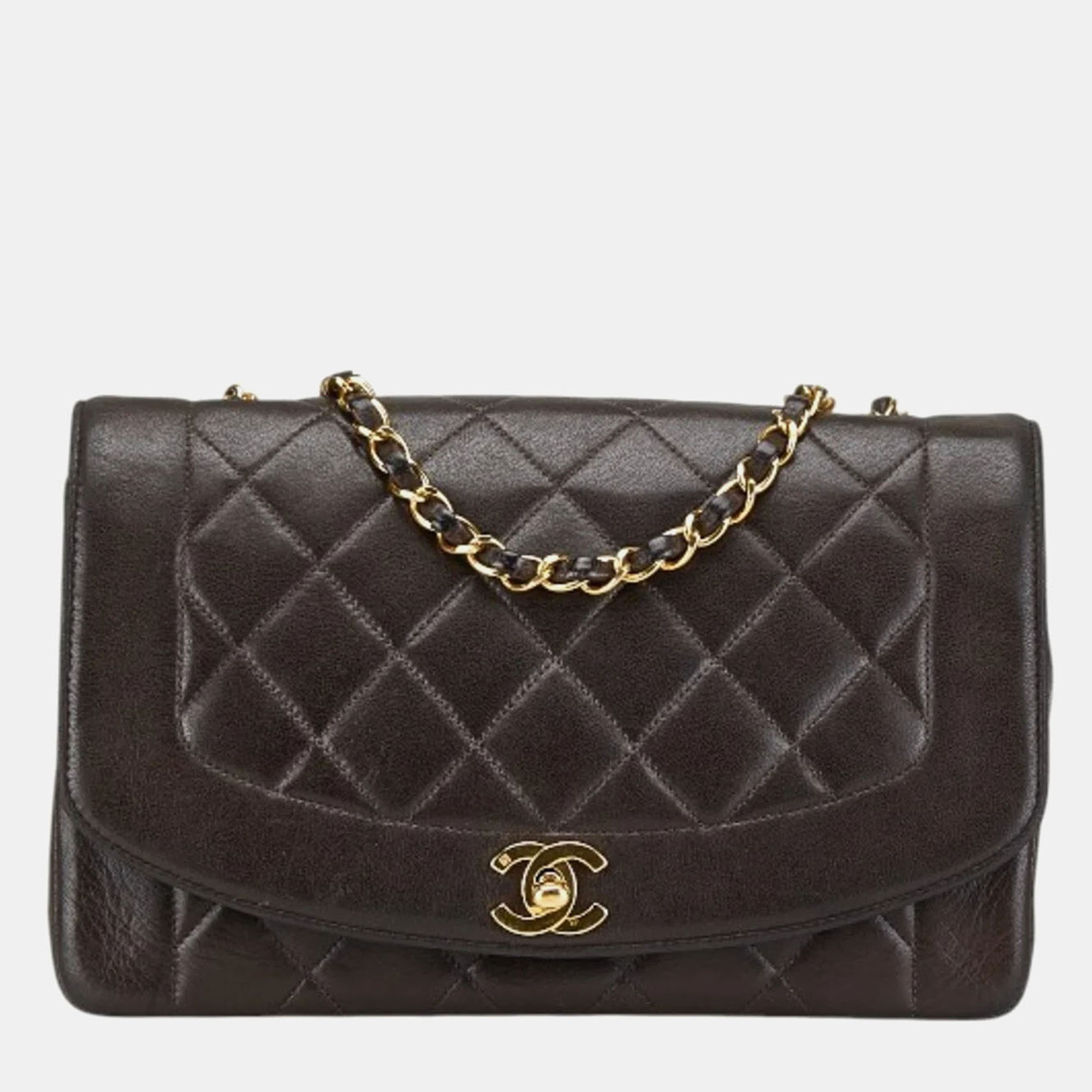 Pre-owned Chanel Matelasse Diana 25 Coco Mark Crossbody Chain Shoulder Bag Black Brown Lambskin