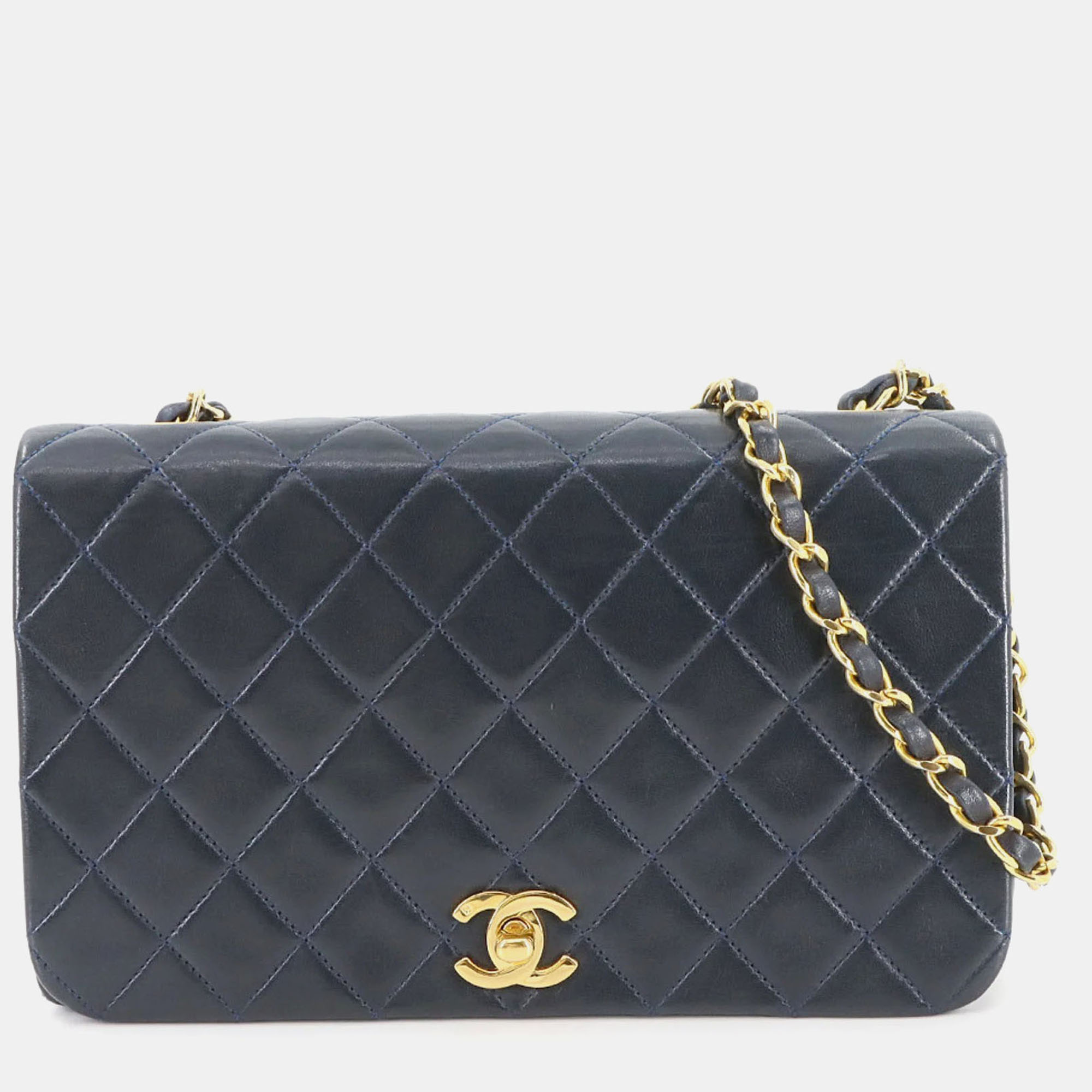 

Chanel Matelasse Chain Shoulder Bag Lambskin Navy Gold Metal Fittings Turn Lock, Navy blue