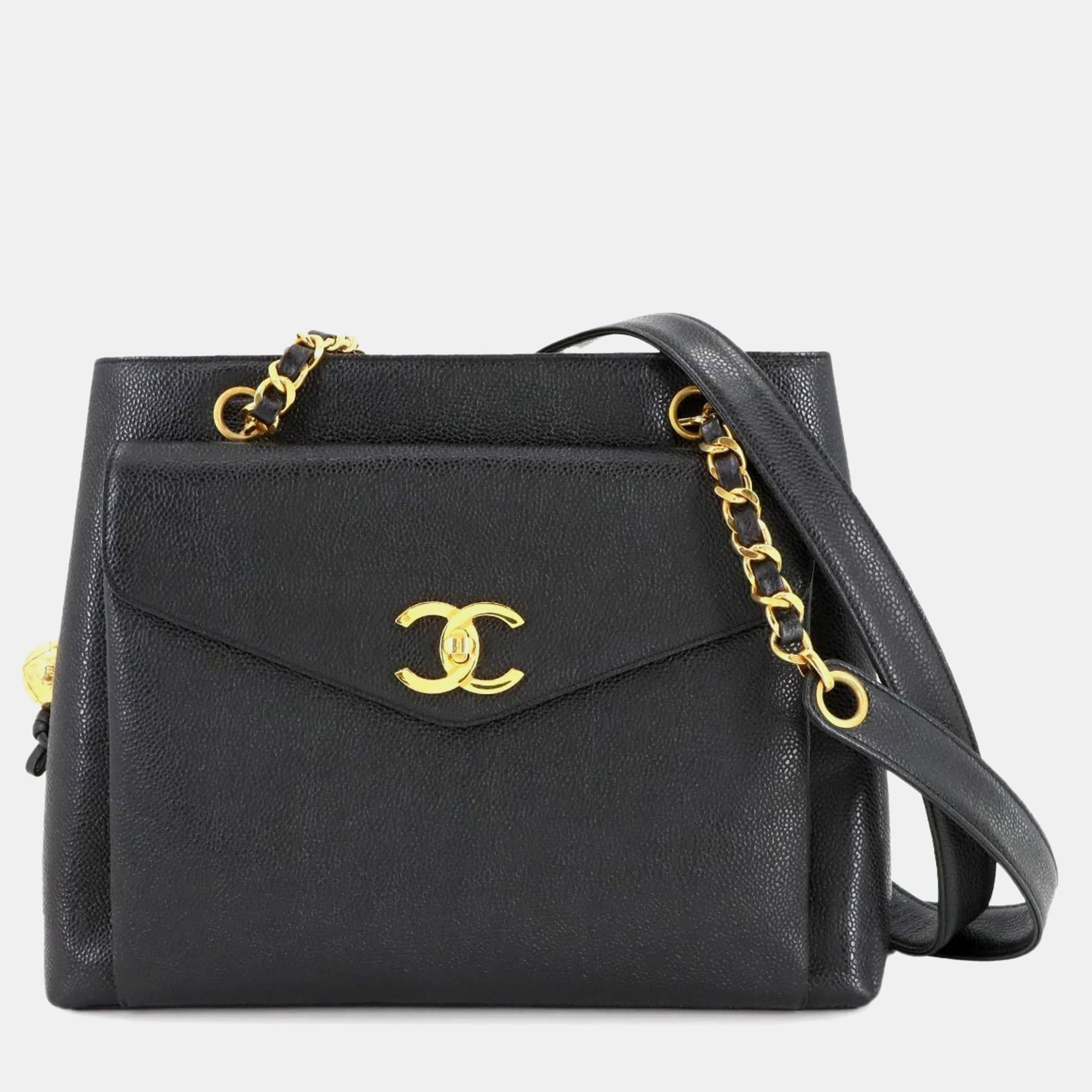 Pre-owned Chanel Caviar Skin Chain Shoulder Bag Leather Black Coco Mark Gold Metal Fittings