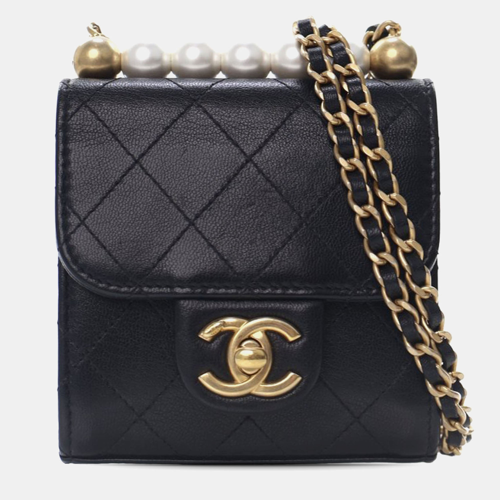 Pre-owned Chanel Black Mini Goatskin Chic Pearls Clutch On Chain