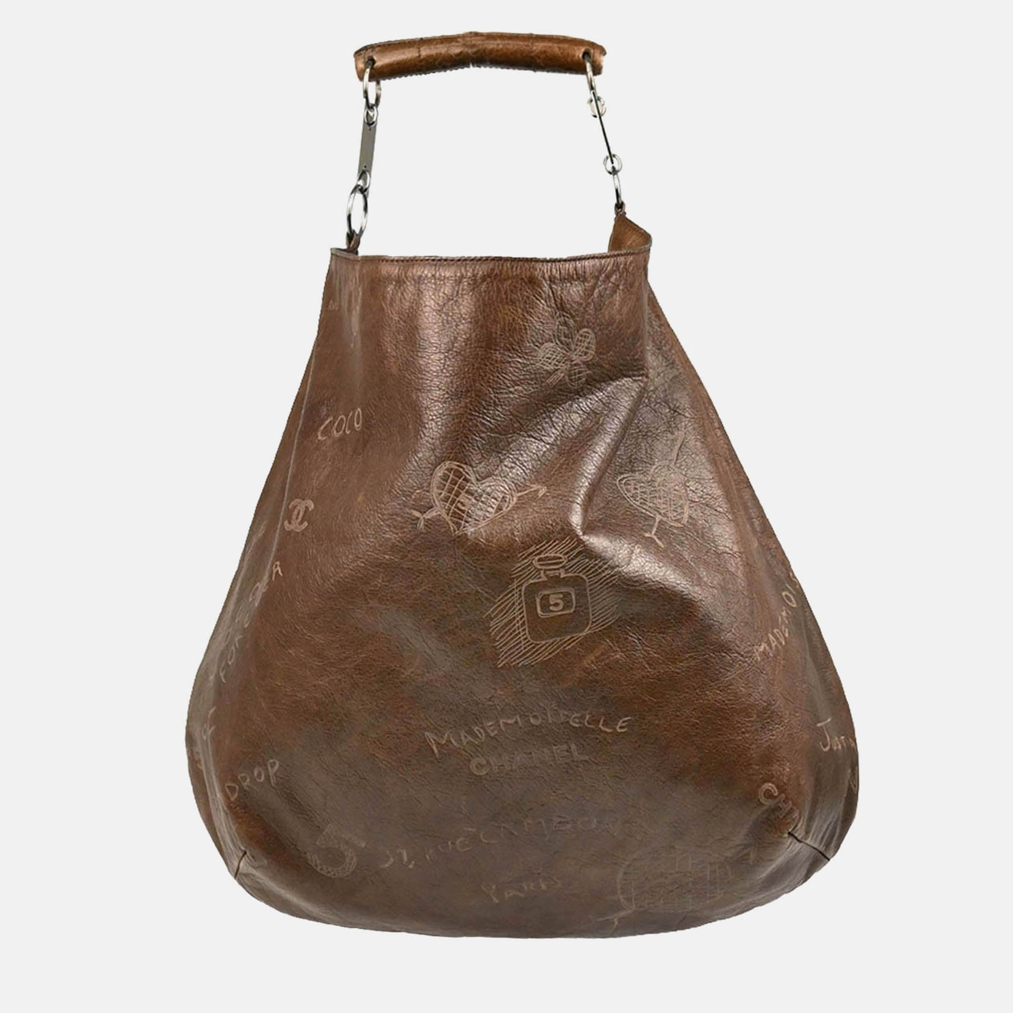 

Chanel Brown Calfskin Graffiti Mademoiselle Hobo Handbag