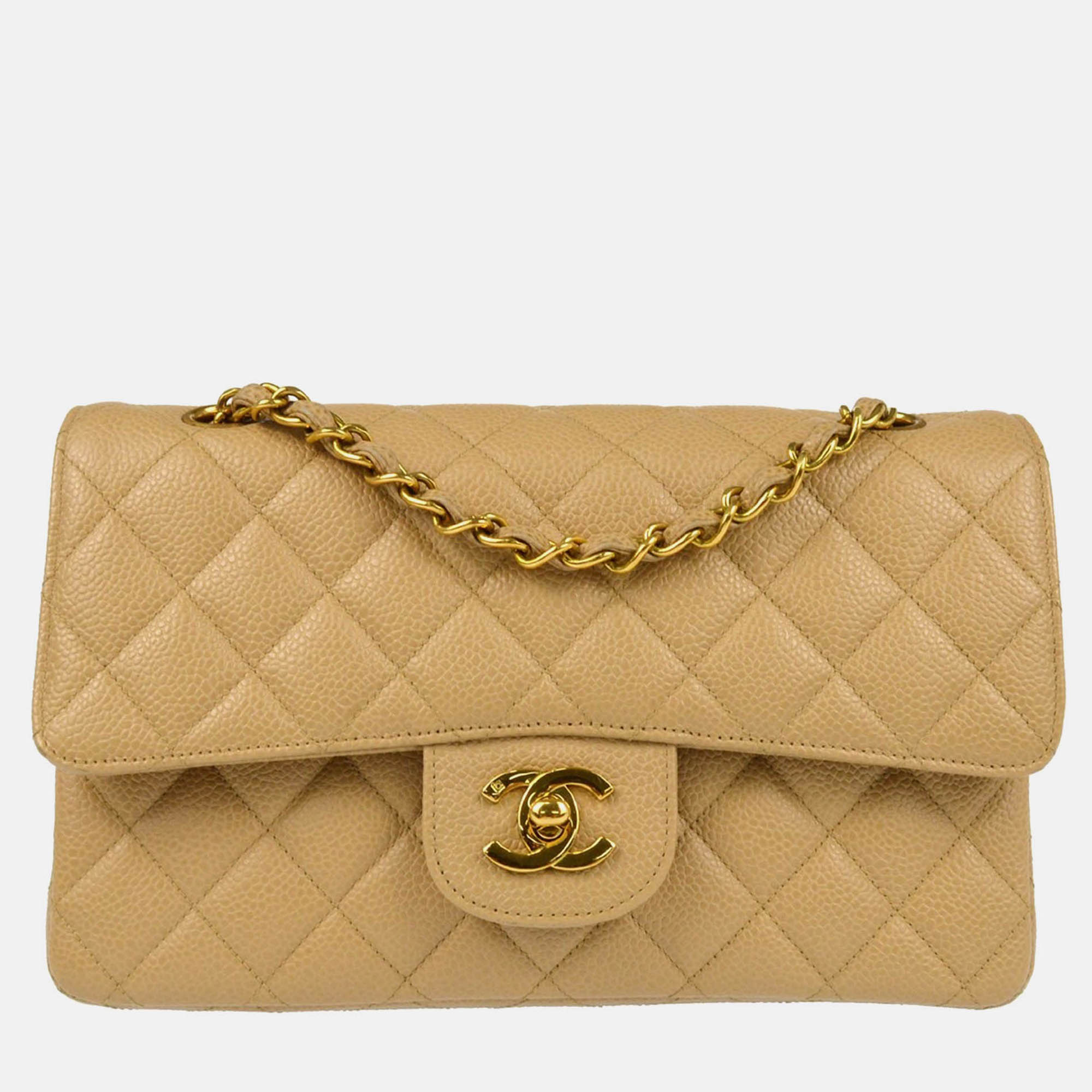 

Chanel Beige Calfskin Small Classic Double Flap Shoulder Bag
