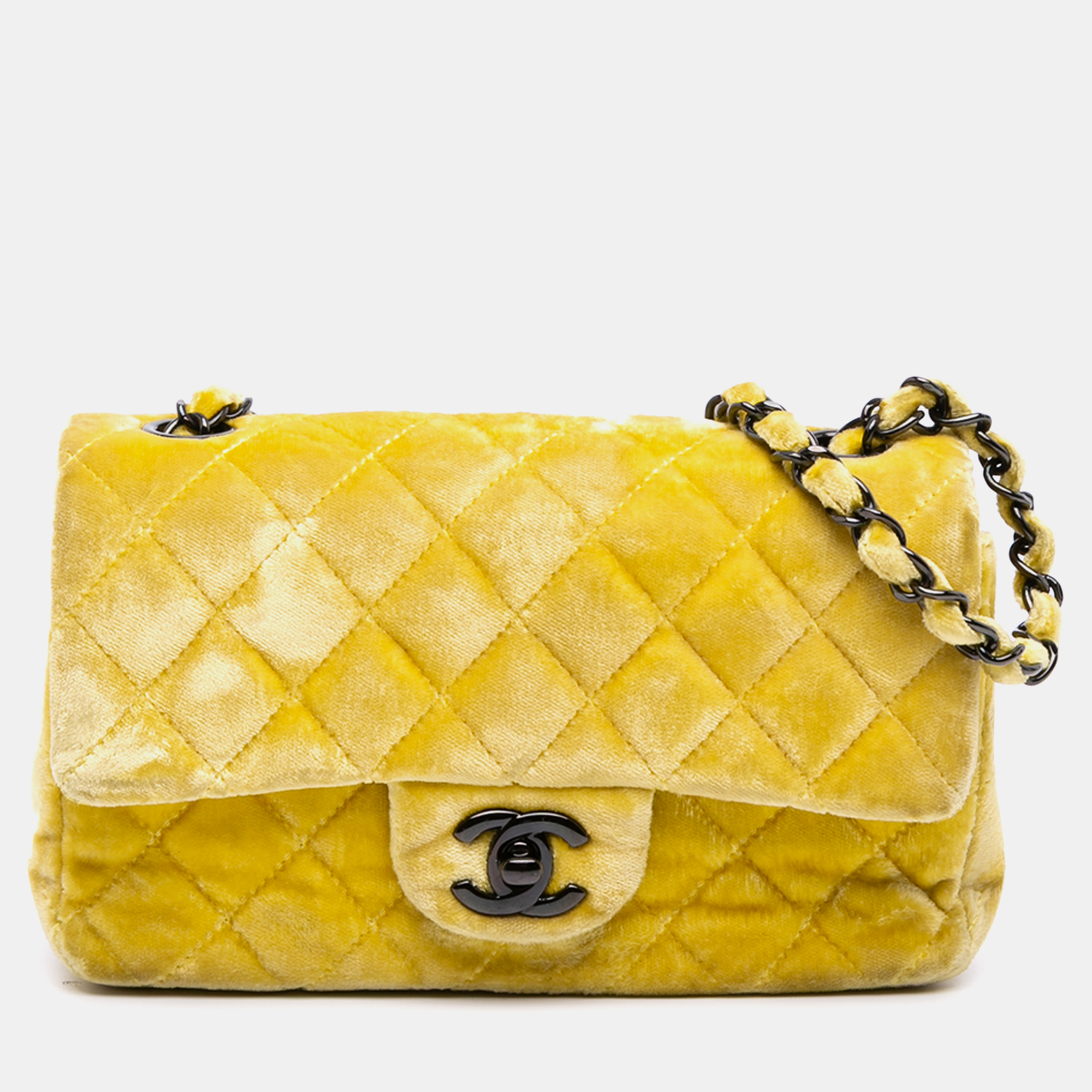 

Chanel Yellow Mini Rectangular Classic Velvet Single Flap Bag
