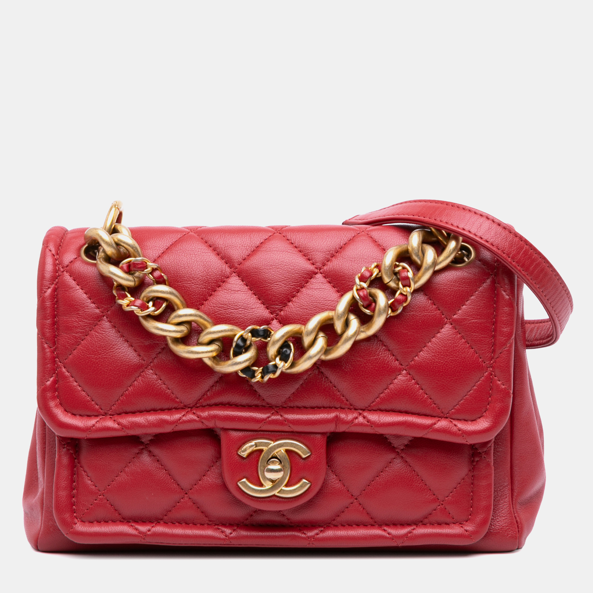 

Chanel Red Small Quilted Lambskin Chain Link Flap Bag