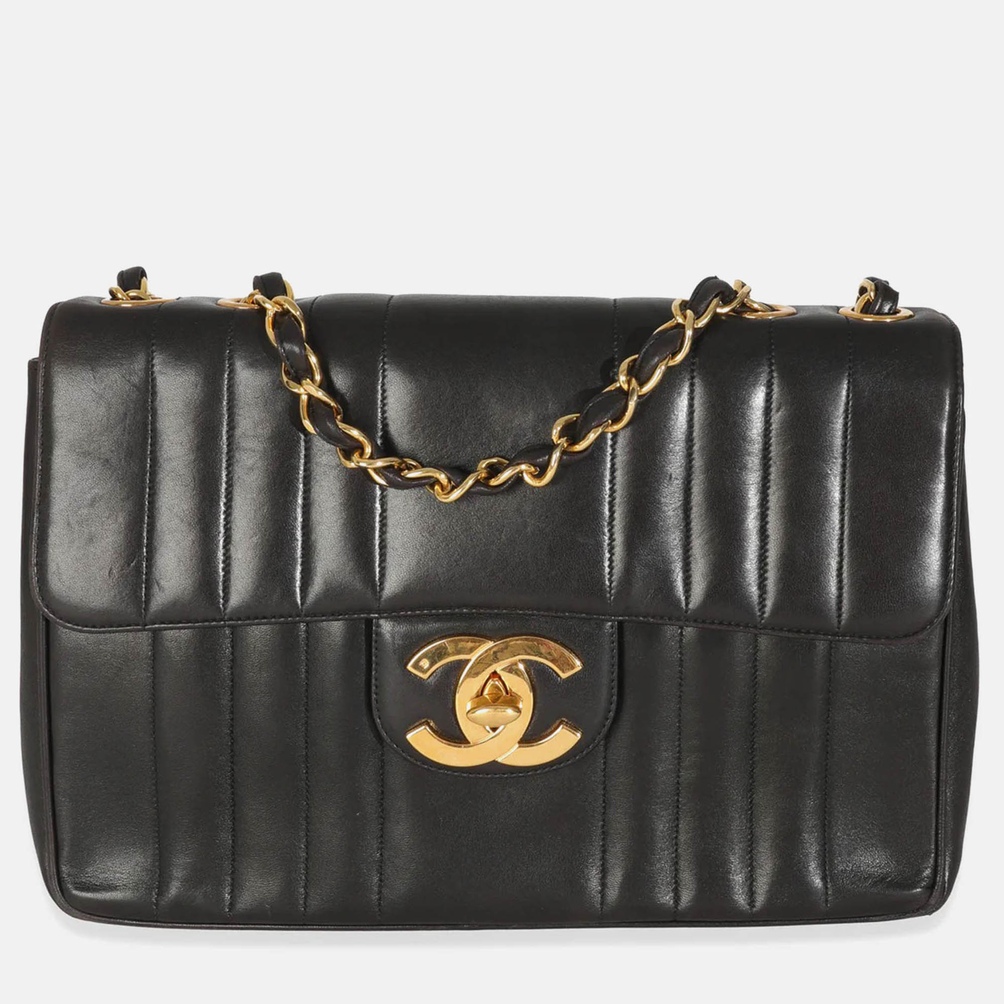 

Chanel Vintage Black Lambskin Vertical Stitch Jumbo  Flap Bag