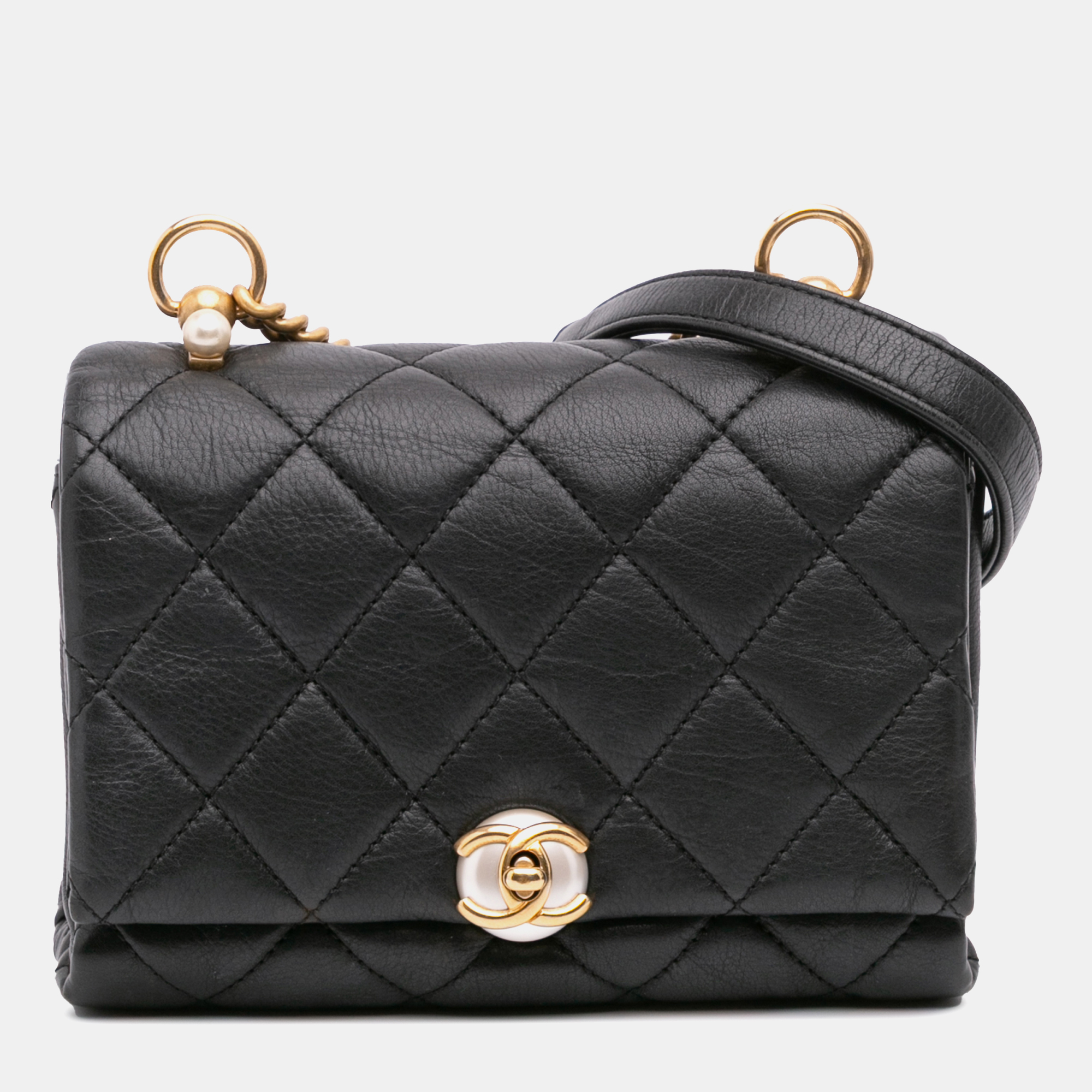 

Chanel Black Mini Quilted Calfskin Pearl CC Accordion Flap