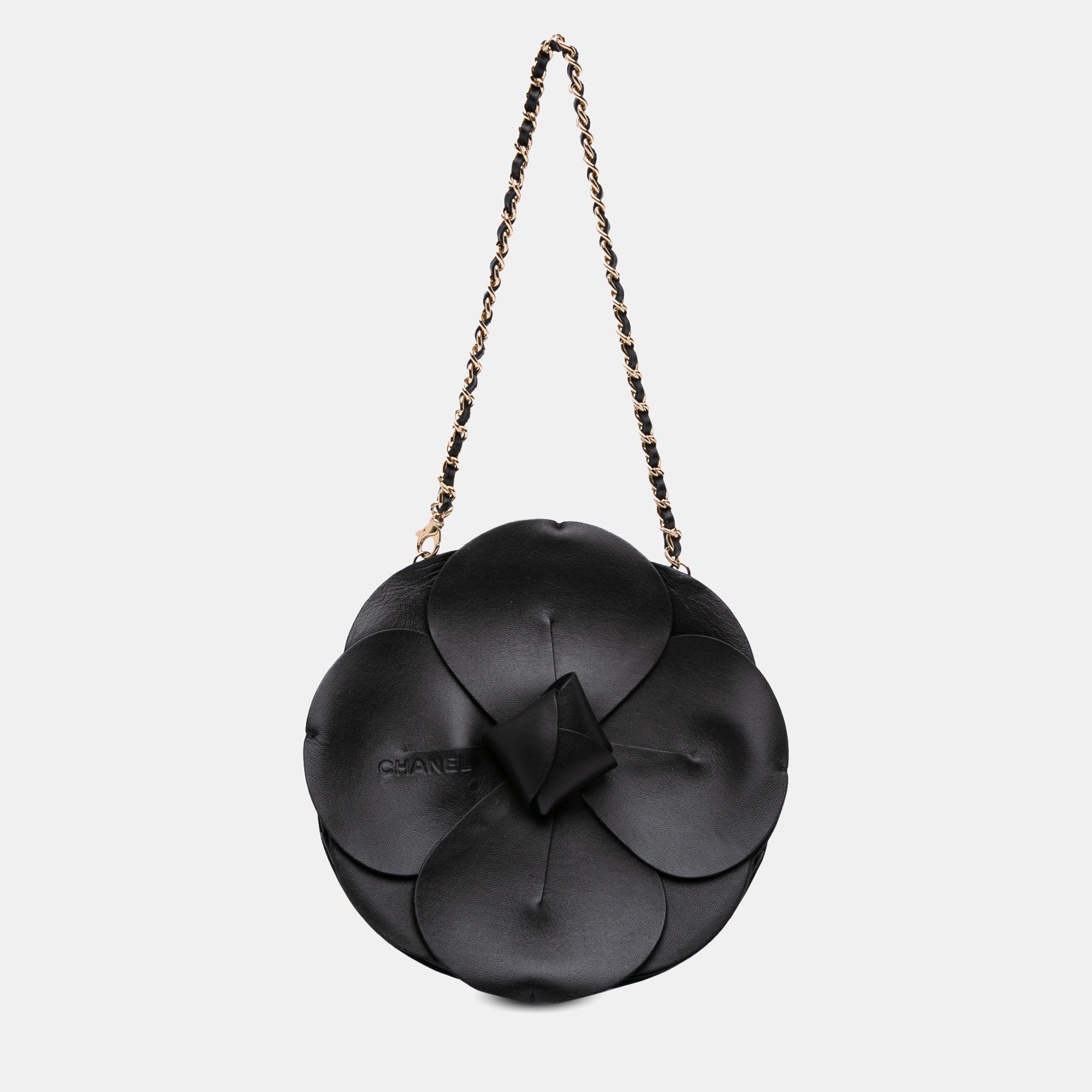 Chanel Black Lambskin and Satin Camellia Flower Evening Bag