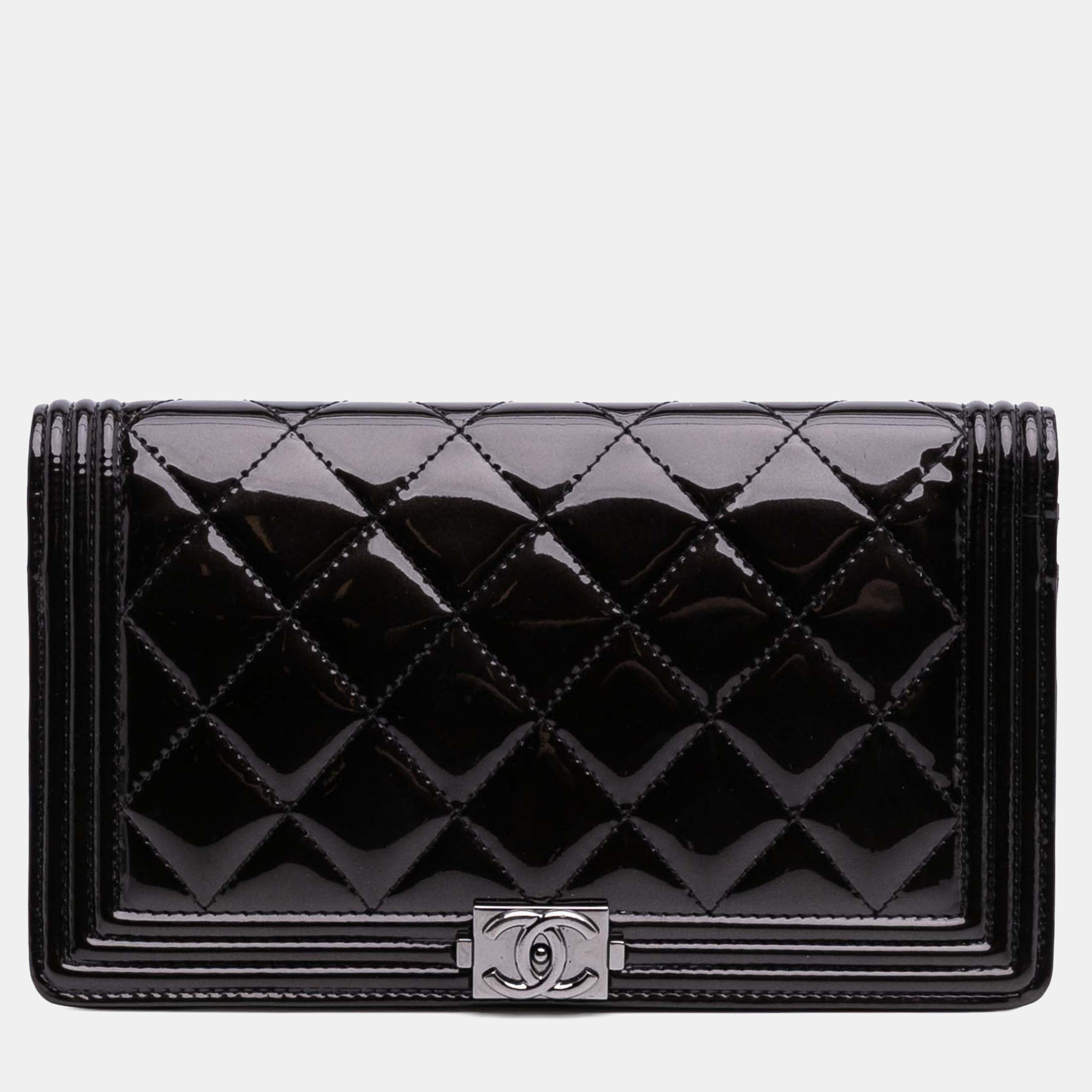 

Chanel Boy Quilted Black Patent Leather Long Wallet