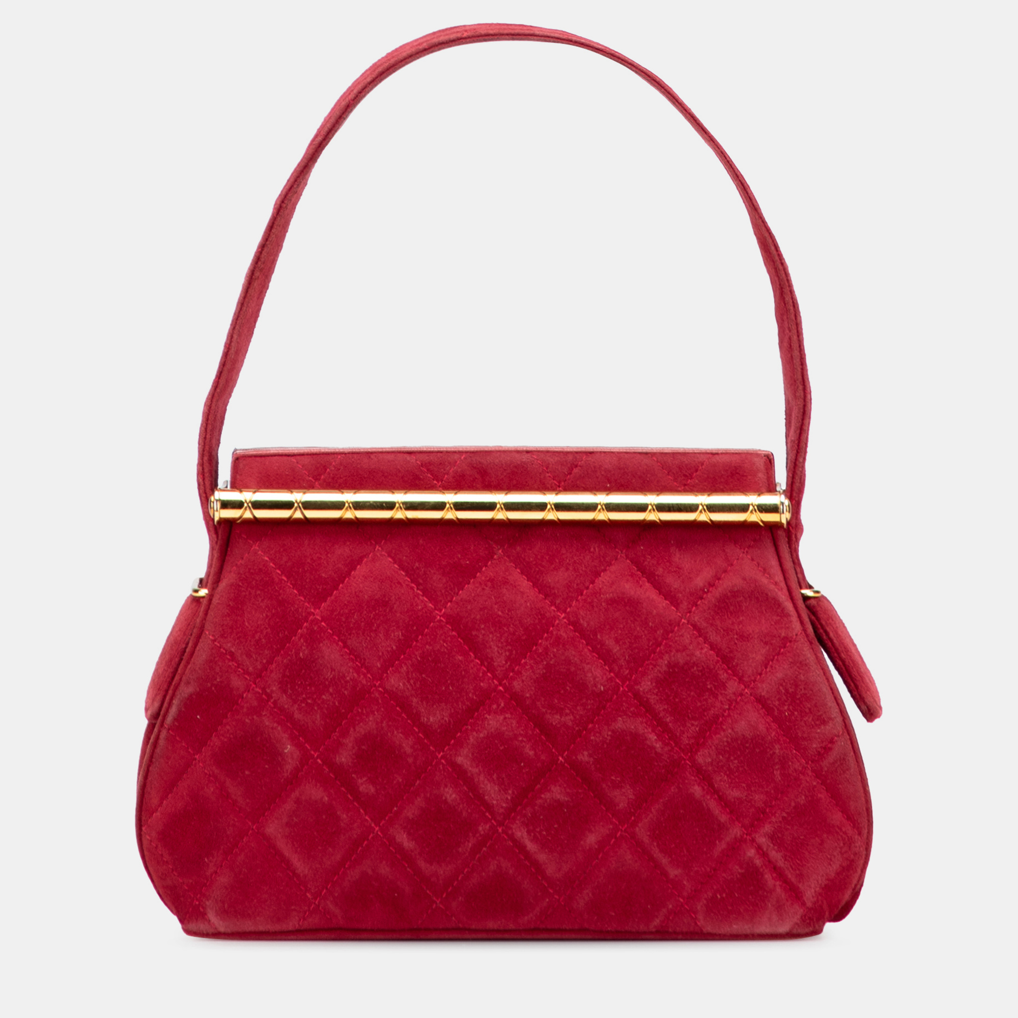 Pre-owned Chanel Red Quilted Suede Metal Frame Handbag
