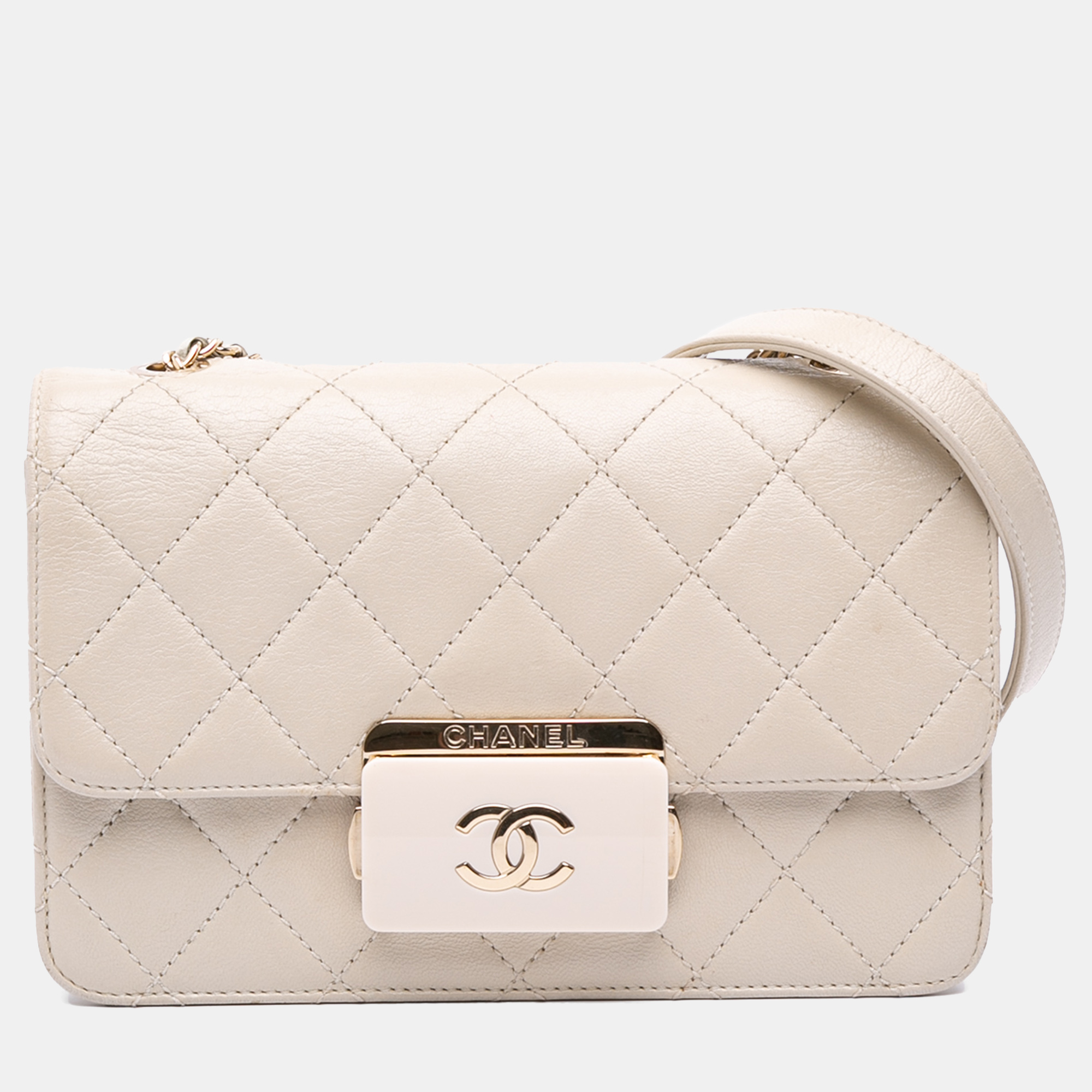 

Chanel White Mini Lambskin Beauty Lock Flap