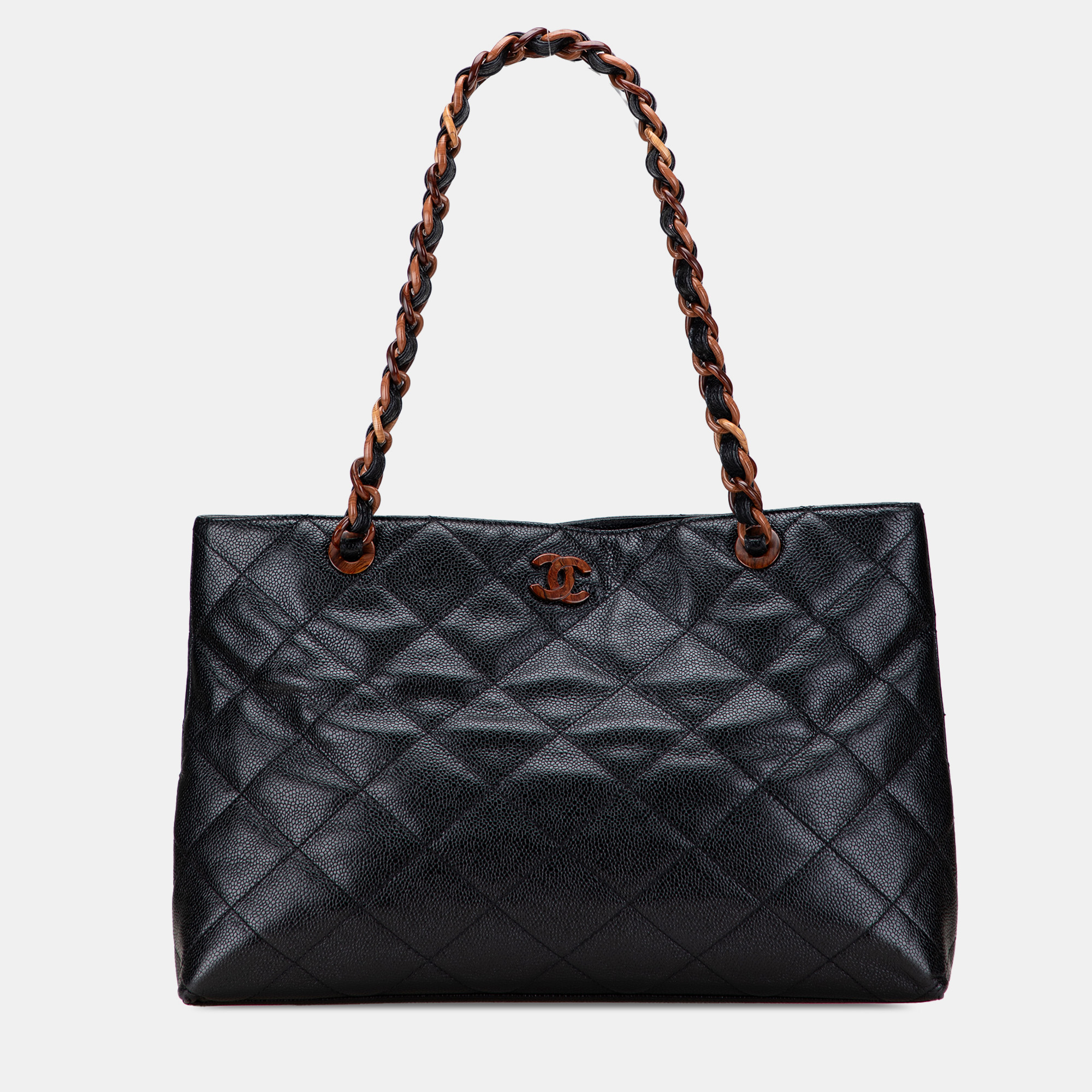 Pre-owned Chanel Black Cc Quilted Caviar Tortoise Chain Tote