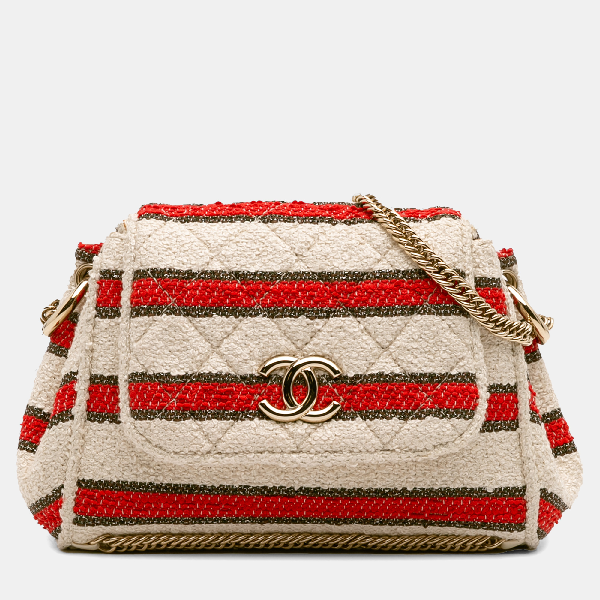 Pre-owned Chanel Cream Cc Quilted Tweed Striped Single Flap In White
