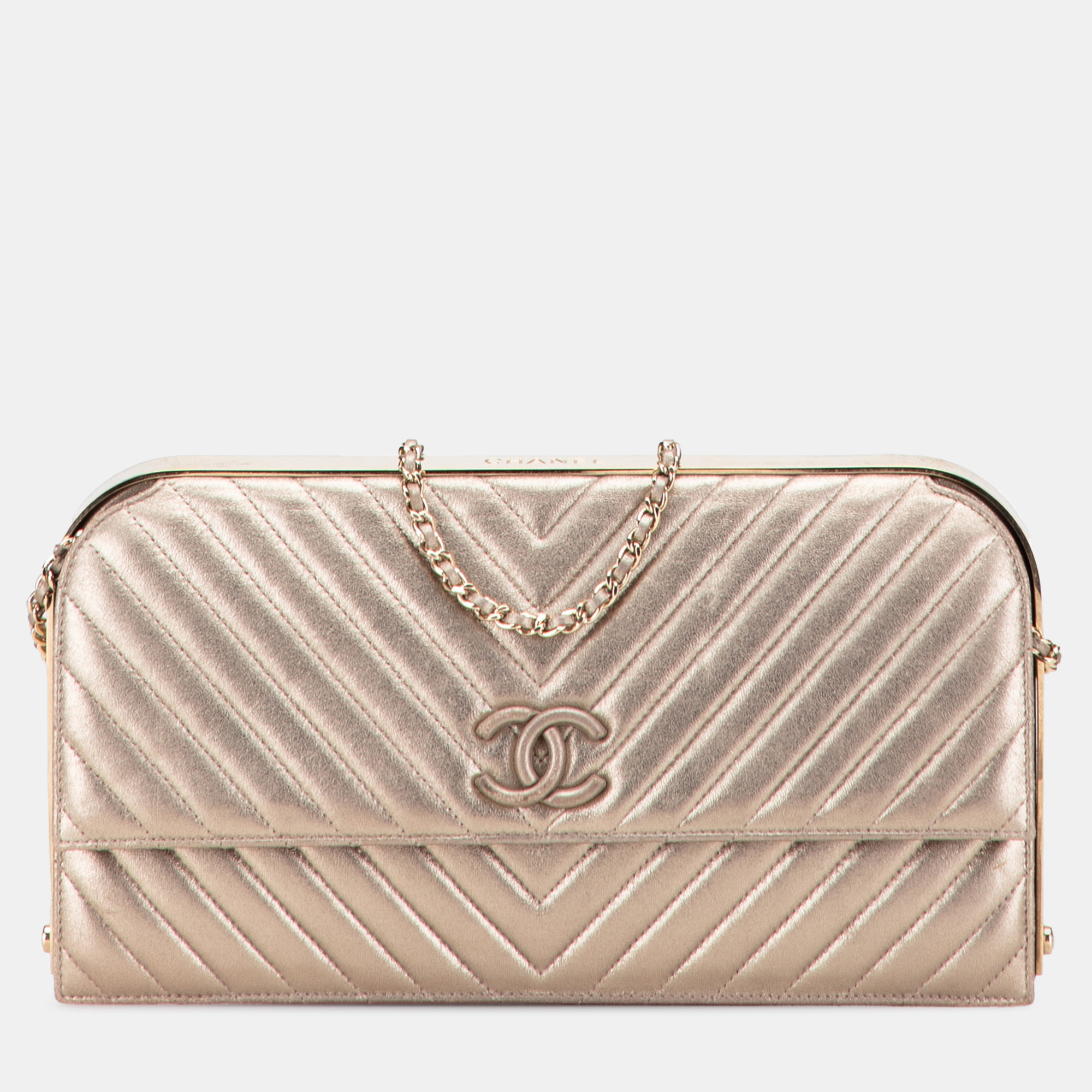 

Chanel Gold CC Chevron Quilted Lambskin Clutch on Chain