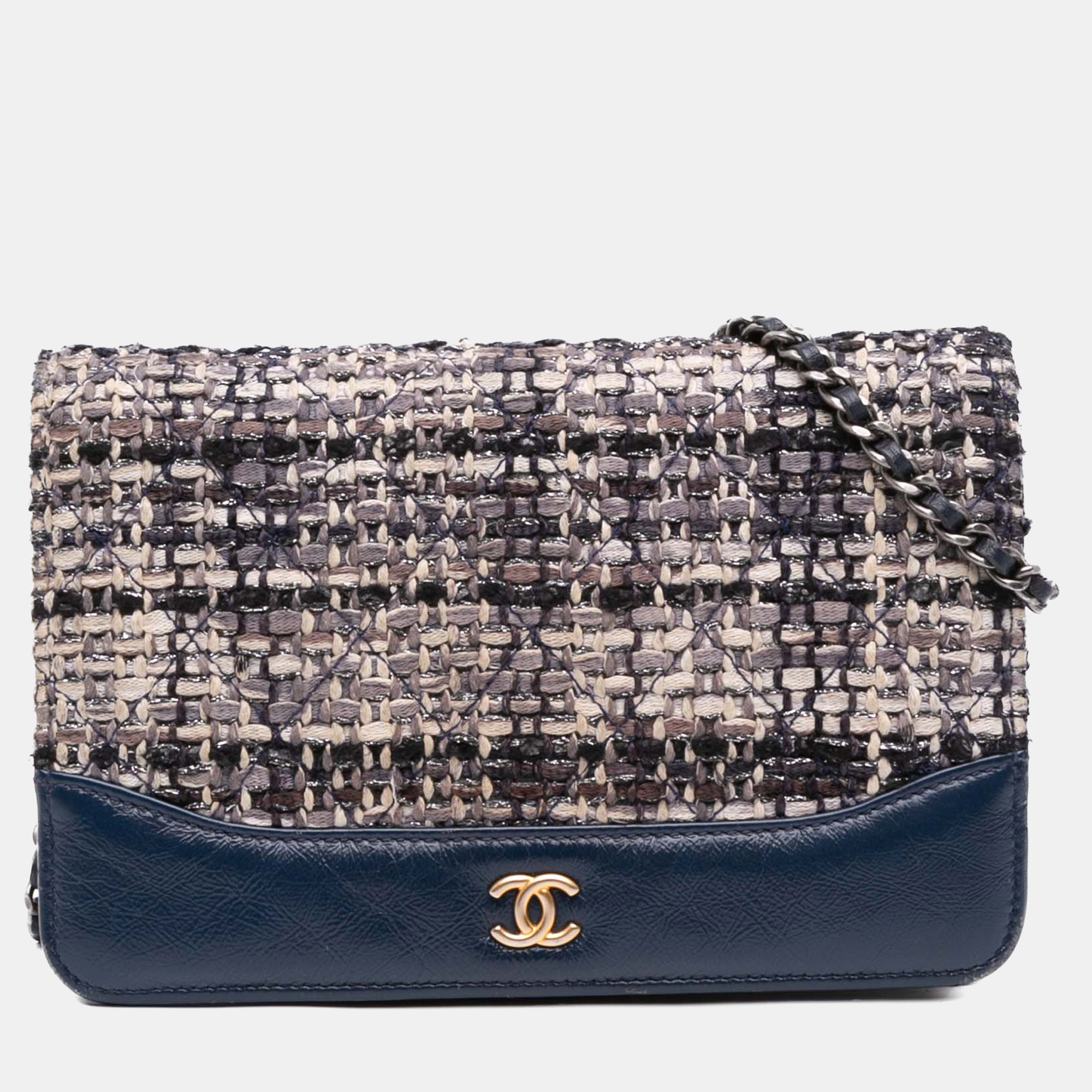 Pre-owned Chanel Beige Brown Quilted Tweed And Calfskin Gabrielle Wallet On Chain In Sand