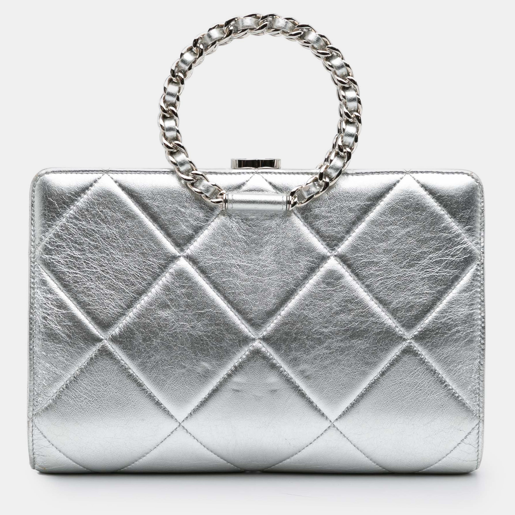 

Chanel Silver Quilted Metallic Crumpled Lambskin In The Loop Clutch