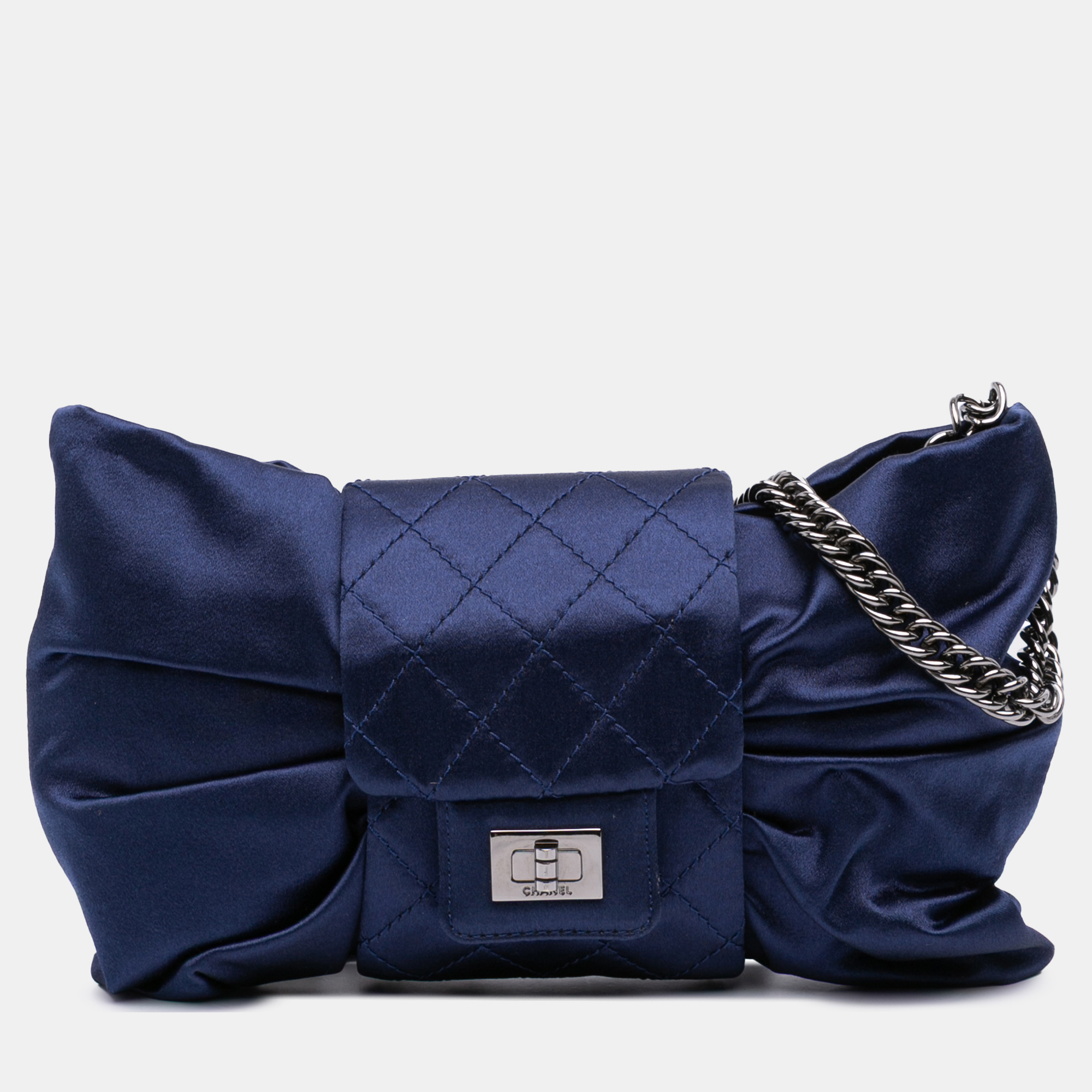 Pre-owned Chanel Blue Cc Satin Bow Clutch With Chain