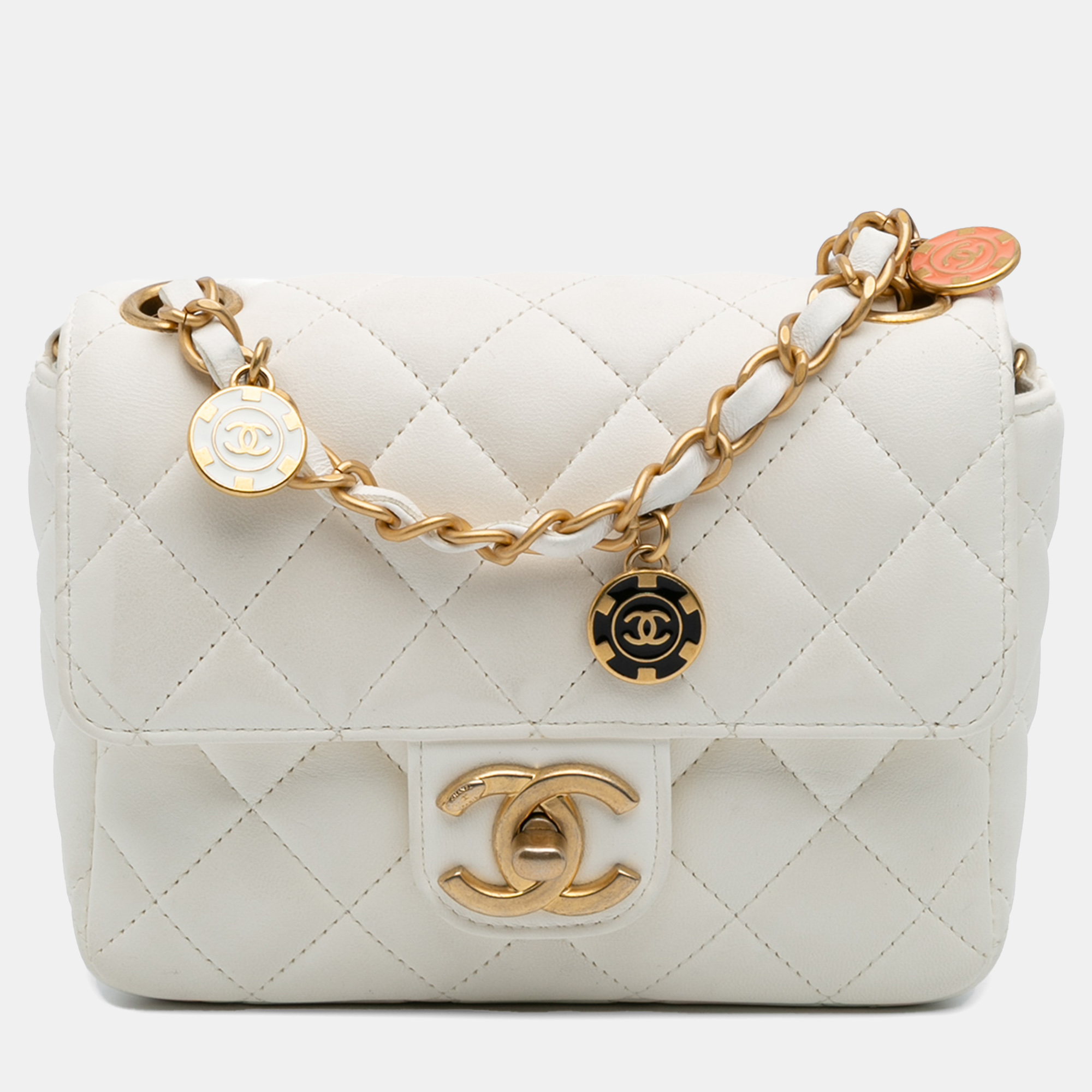 

Chanel White Mini Square Classic Lambskin Casino Royale Charms Single Flap