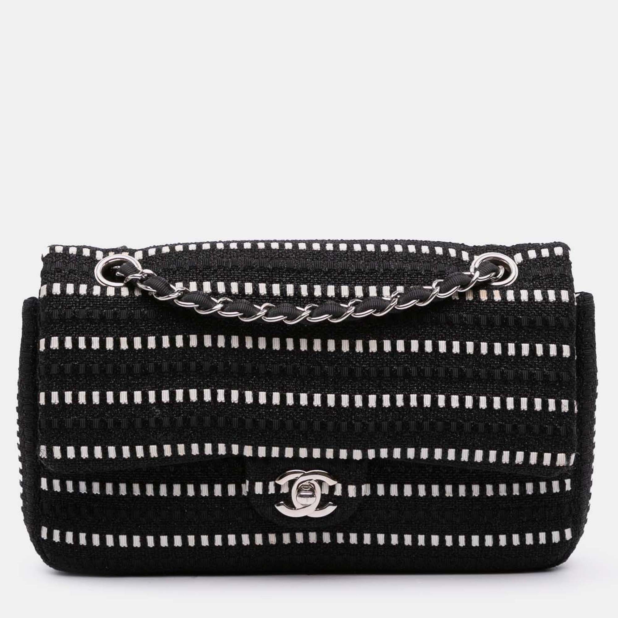 

Chanel Black Medium Classic Tweed Striped Ribbon Double Flap