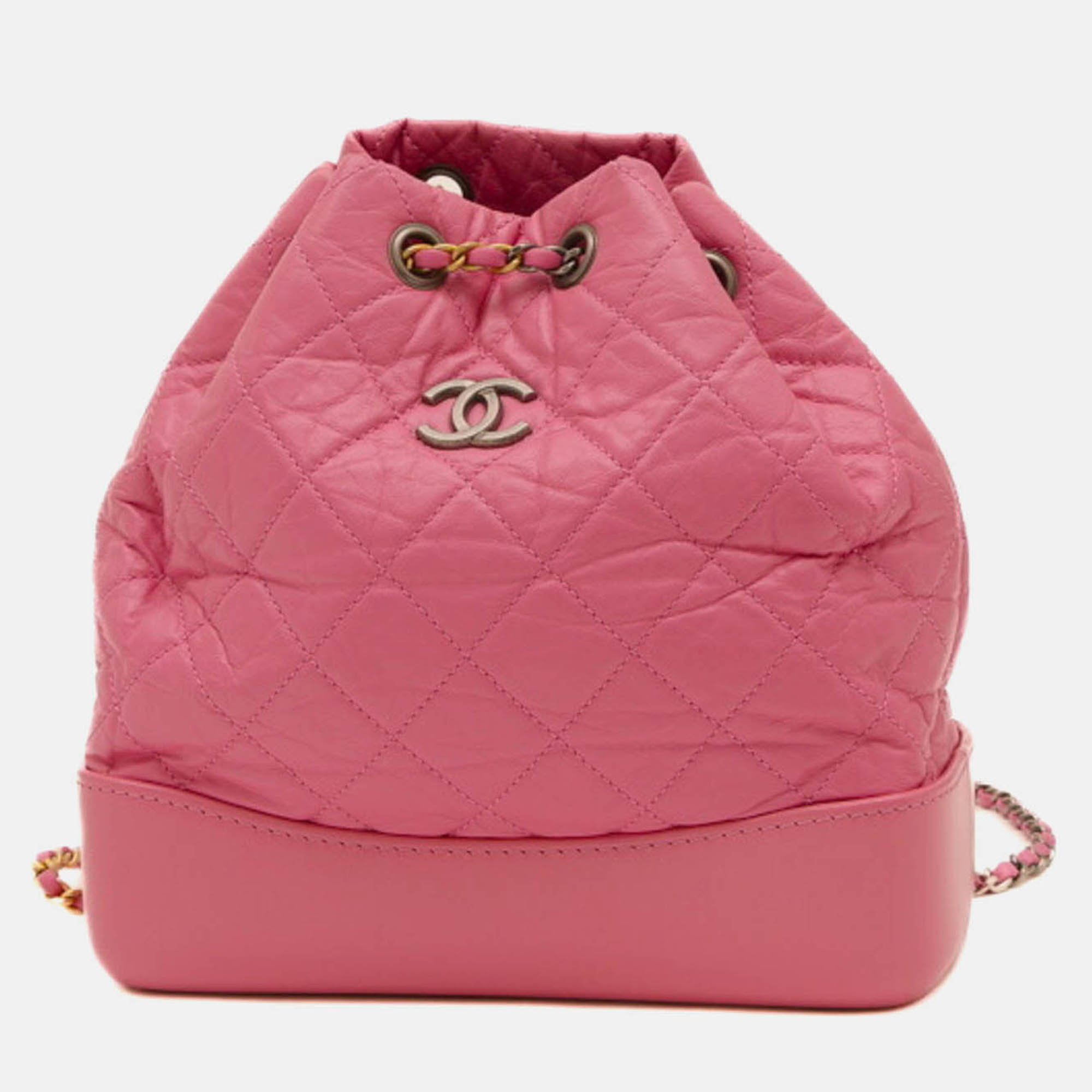 Pre-owned Chanel Gabrielle Pink Leather Chain Backpack Shw