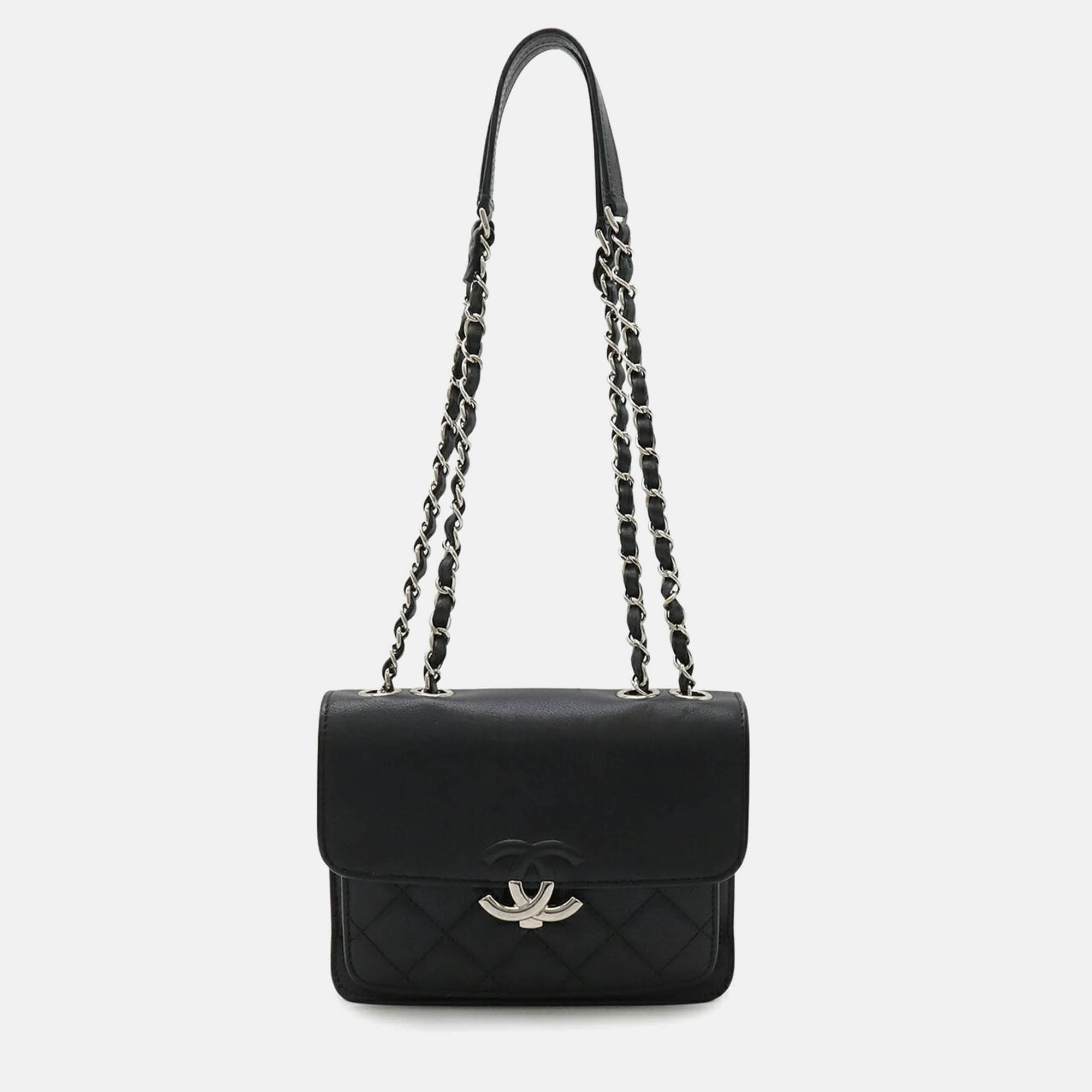 

Chanel Half Coco Mark Double Chain Black Leather Shoulder Bag