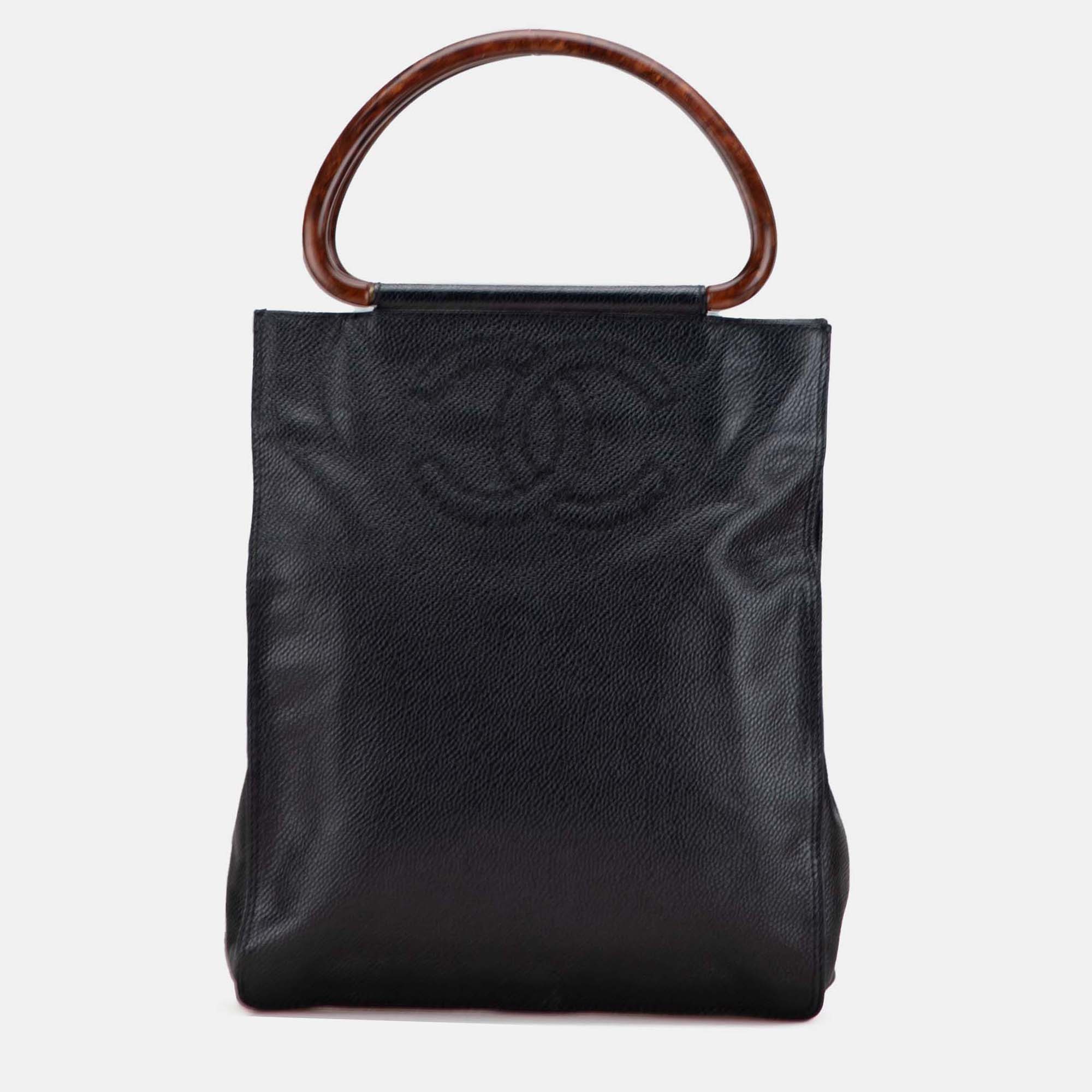 

Chanel Black CC Caviar Wood Top Handle Tote