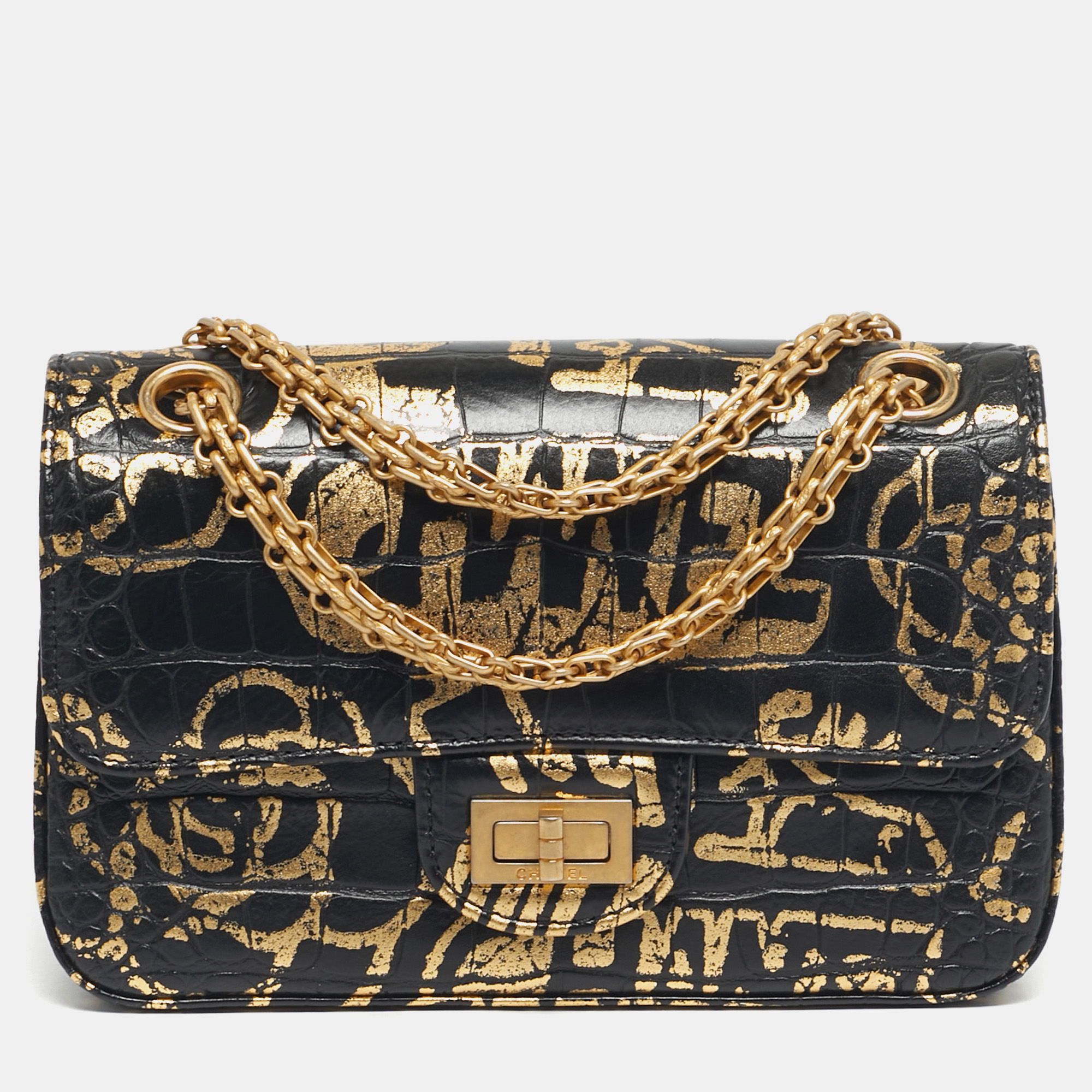 

Chanel Black/Gold Graffiti Croc Embossed Leather Mini Reissue 2.55 Flap Bag