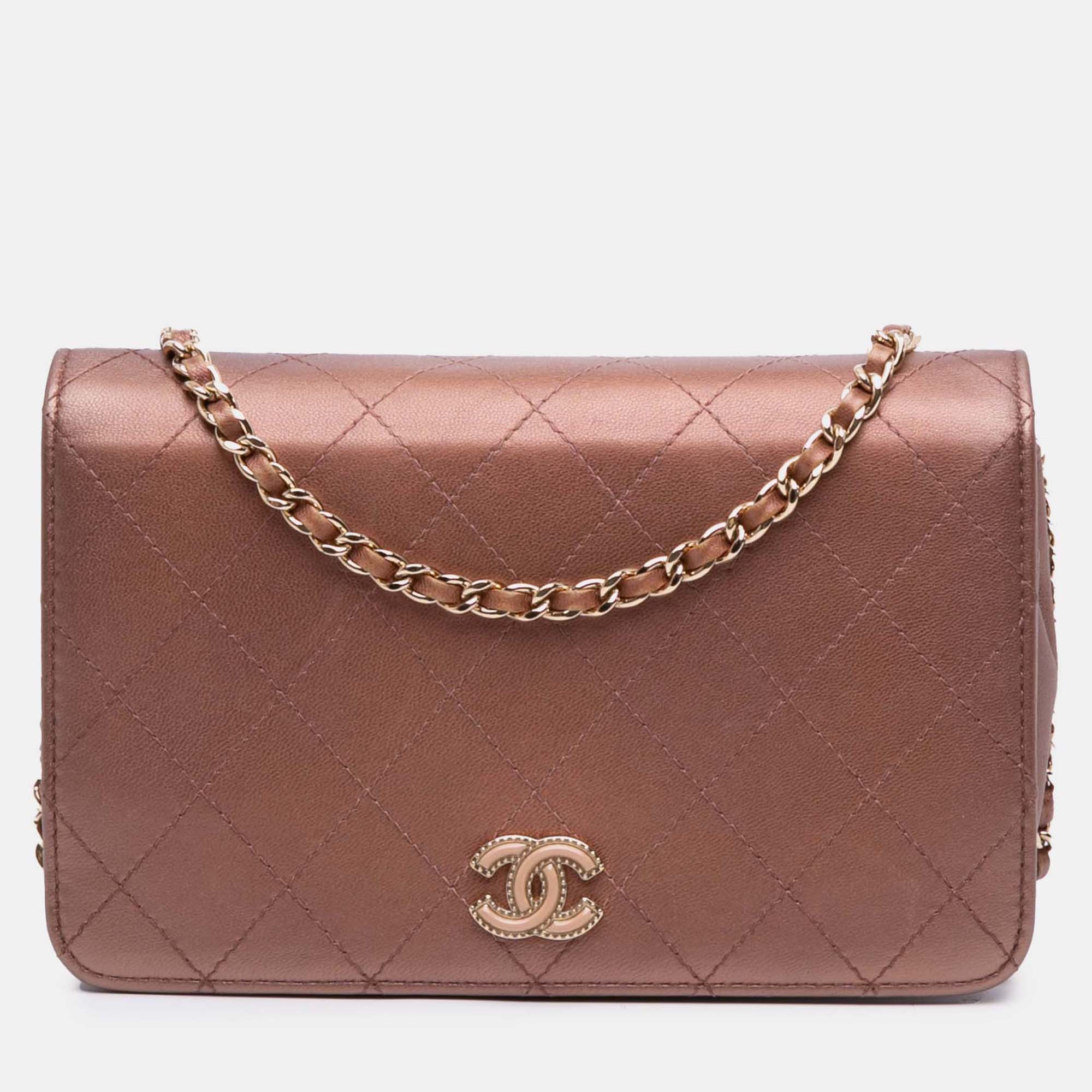 Pre-owned Chanel Brown Quilted Metallic Lambskin Enamel Cc Wallet On Chain