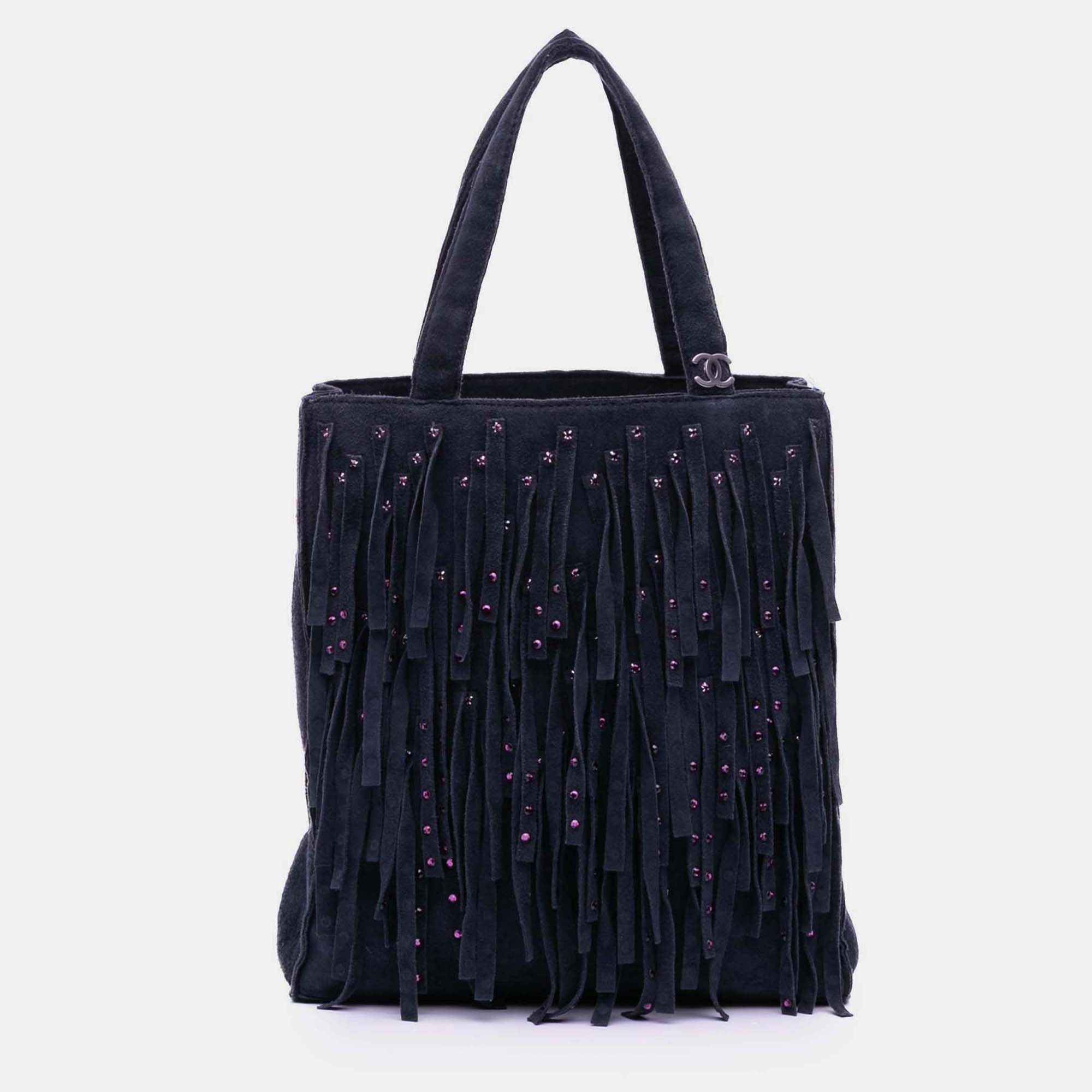 

Chanel Purple Mini Suede Studded Fringe Tote